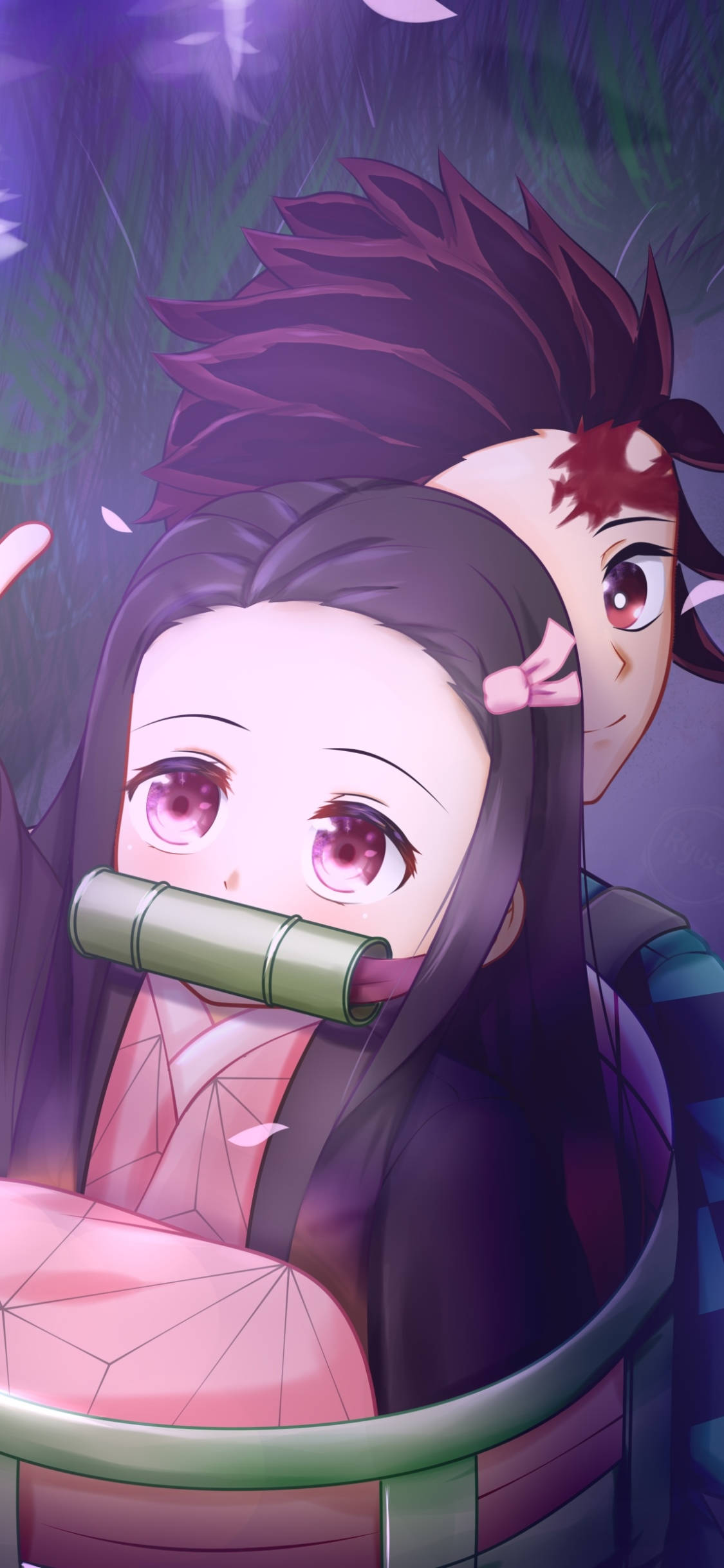 Nezuko, Tanjiro, bamboo flute, Full HD Phone Wallpaper