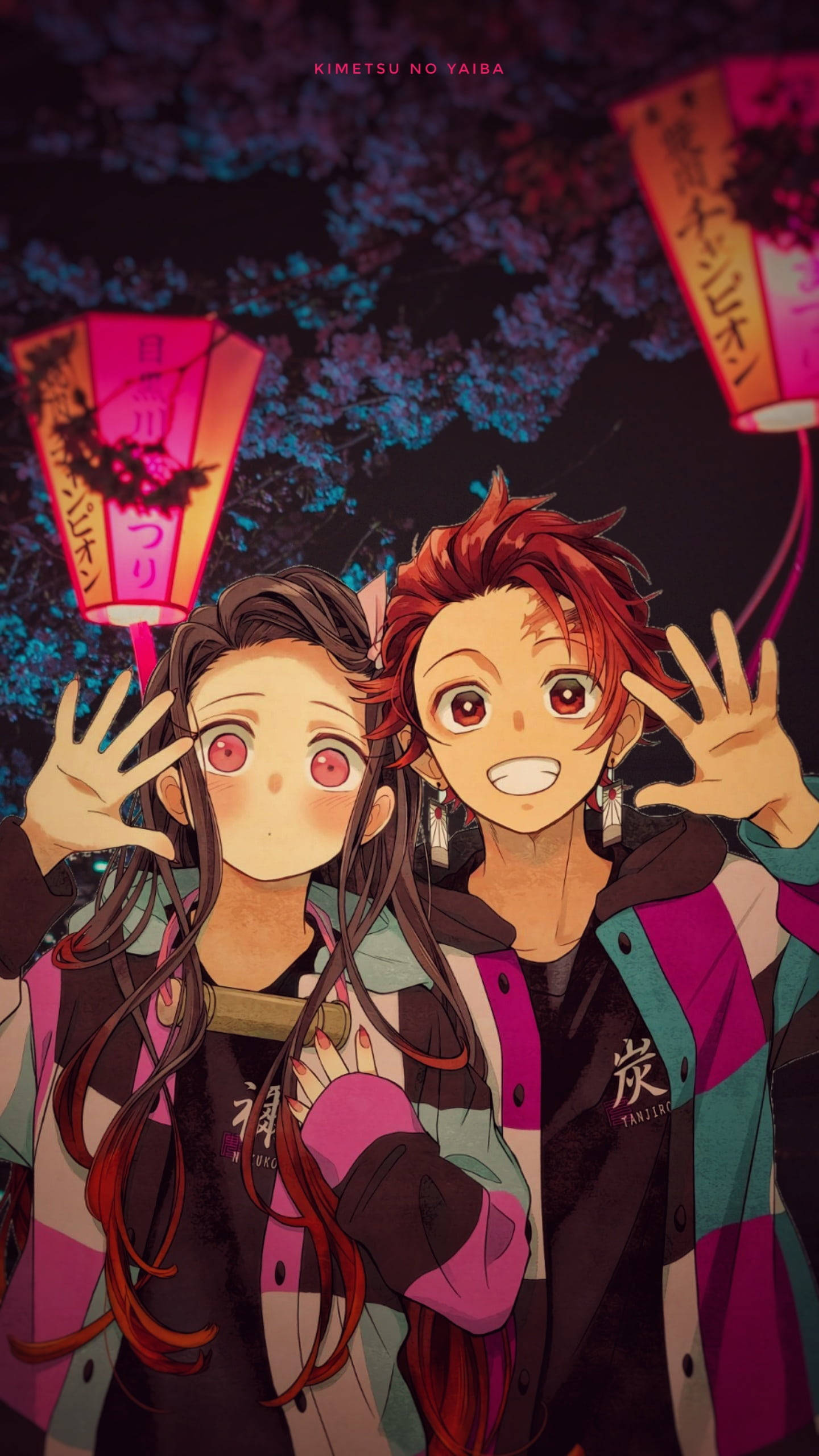 Tanjiro And Nezuko, red eyes, vibrant jackets, 2K Phone Wallpaper