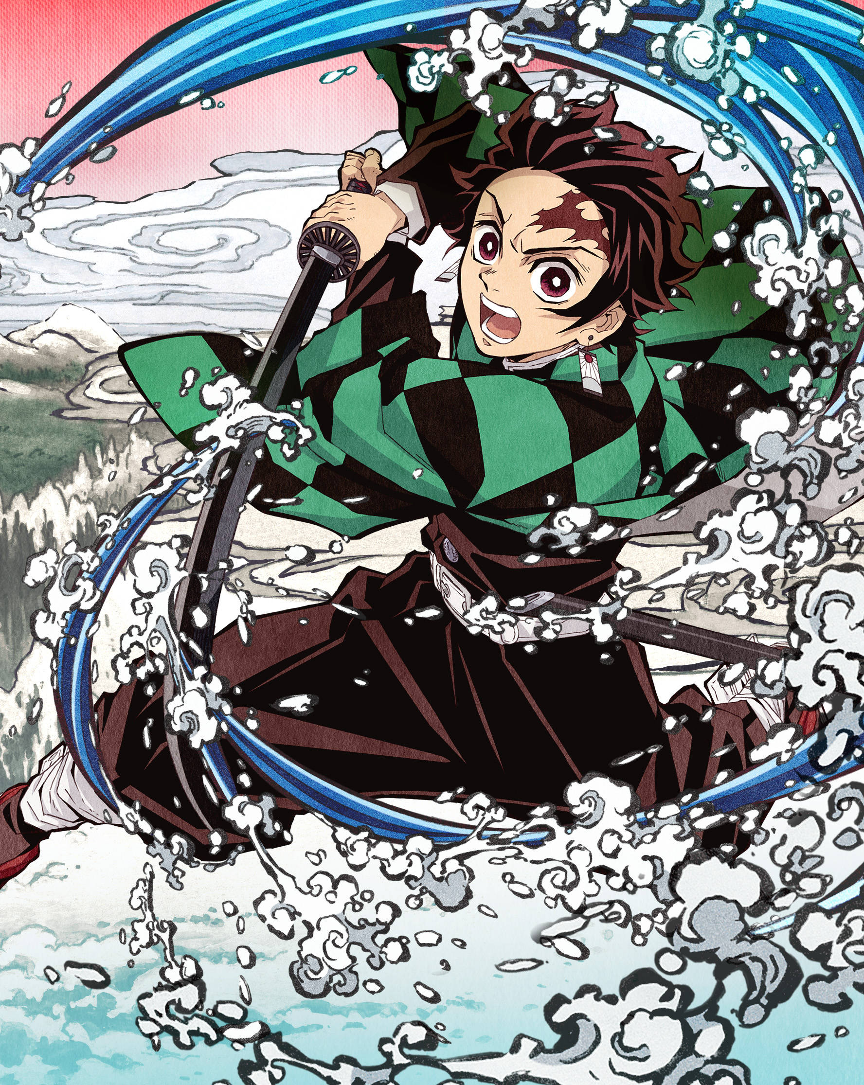 Tanjiro Kamado, green checkered kimono, swirling blue water, Full HD Phone Wallpaper