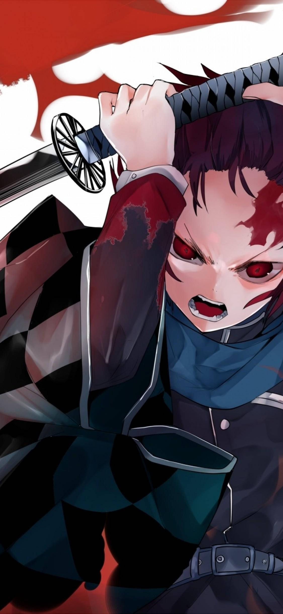 Tanjiro Kamado, red eyes, bloodied face, Full HD Phone Wallpaper