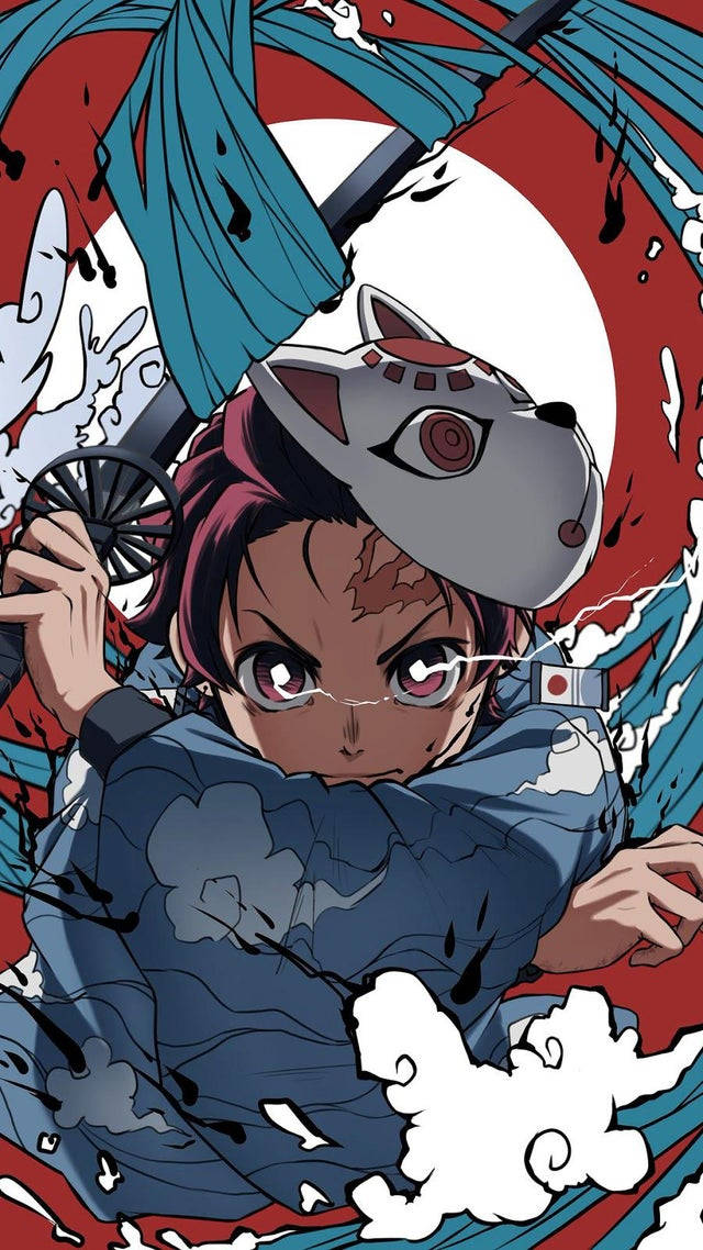 Tanjiro Kamado, fox mask, sword, SD Phone Wallpaper