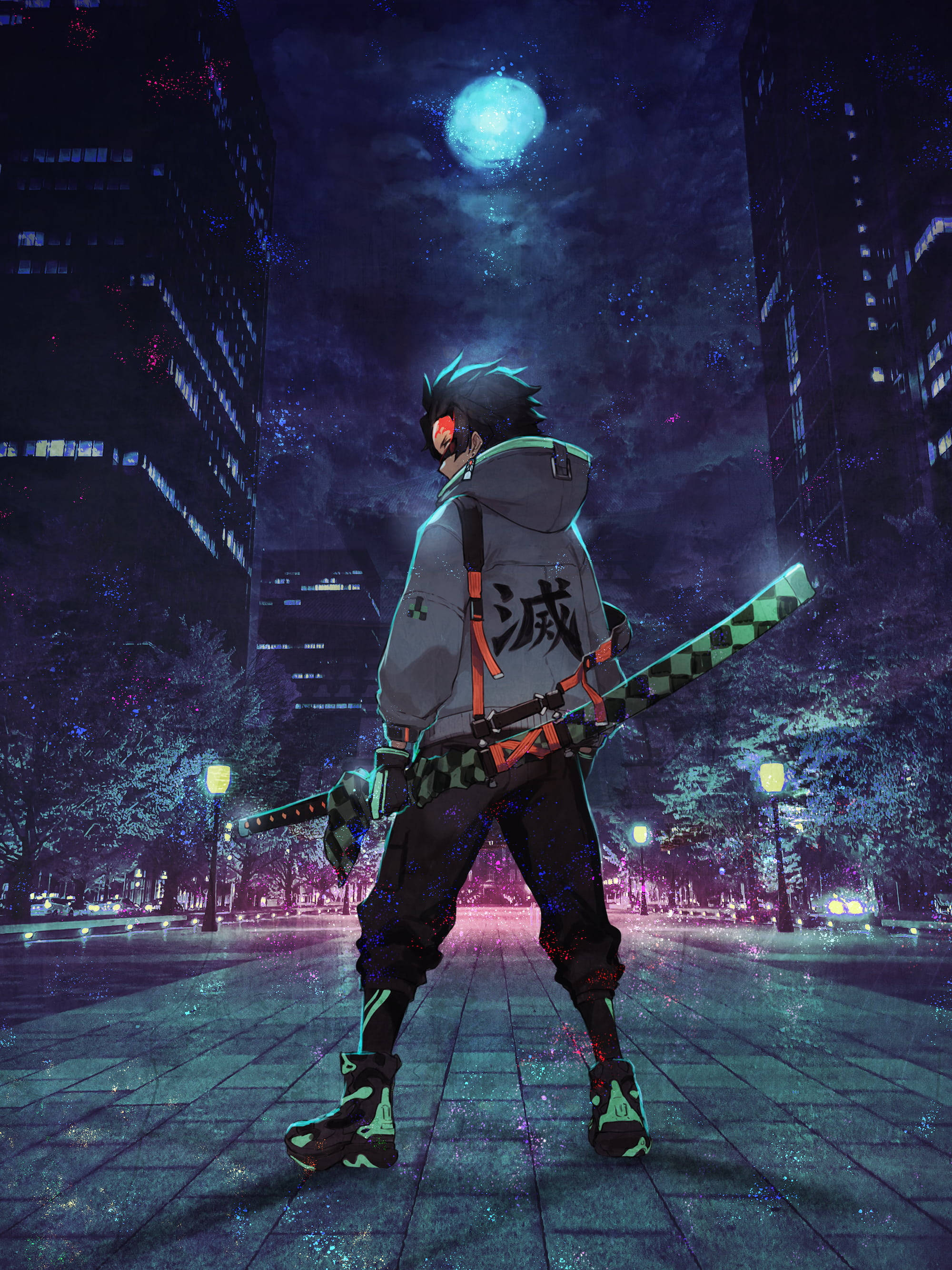 Tanjiro Kamado, neon-drenched city street, night, 2K Phone Wallpaper