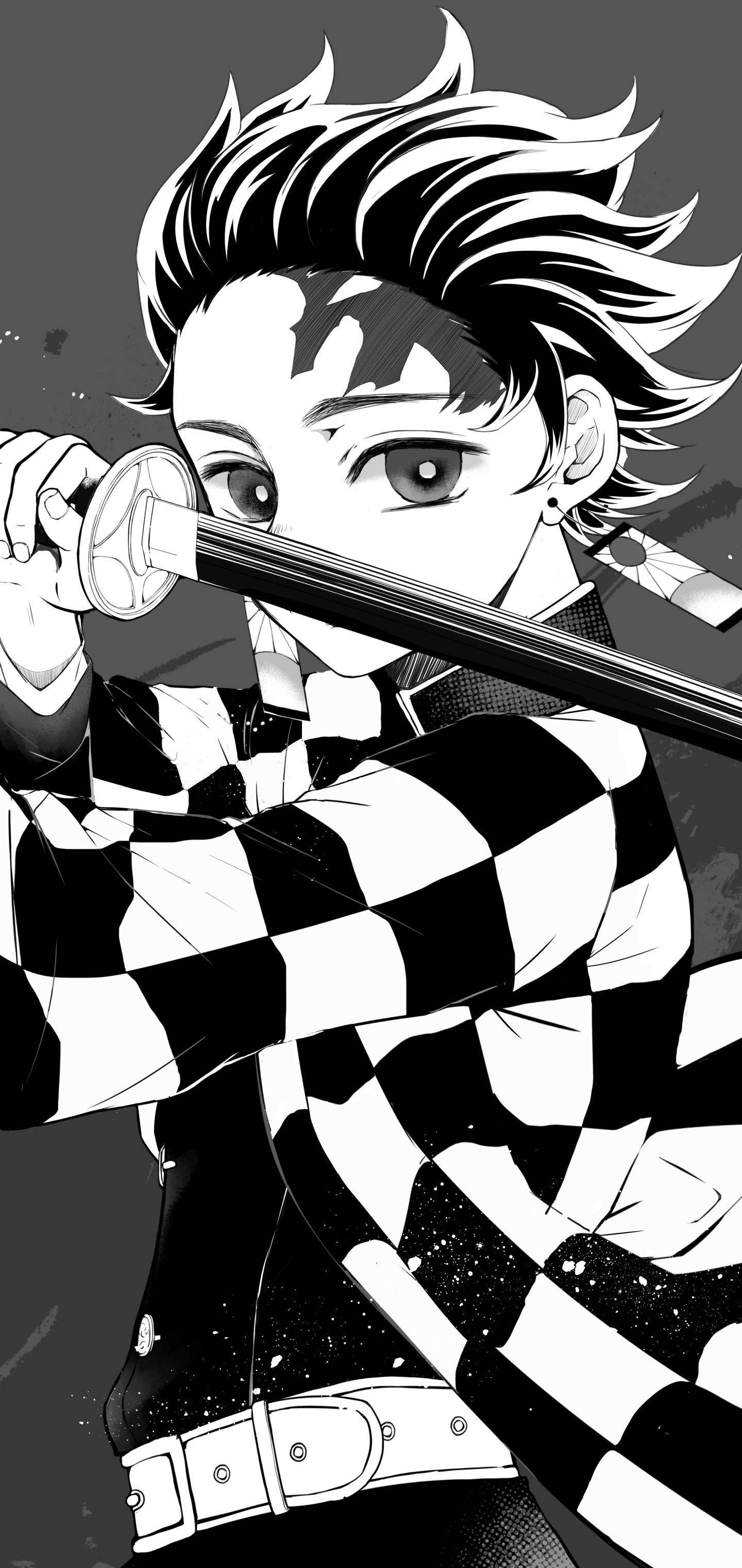Tanjiro Kamado, checkered kimono, sword, 2K Phone Wallpaper