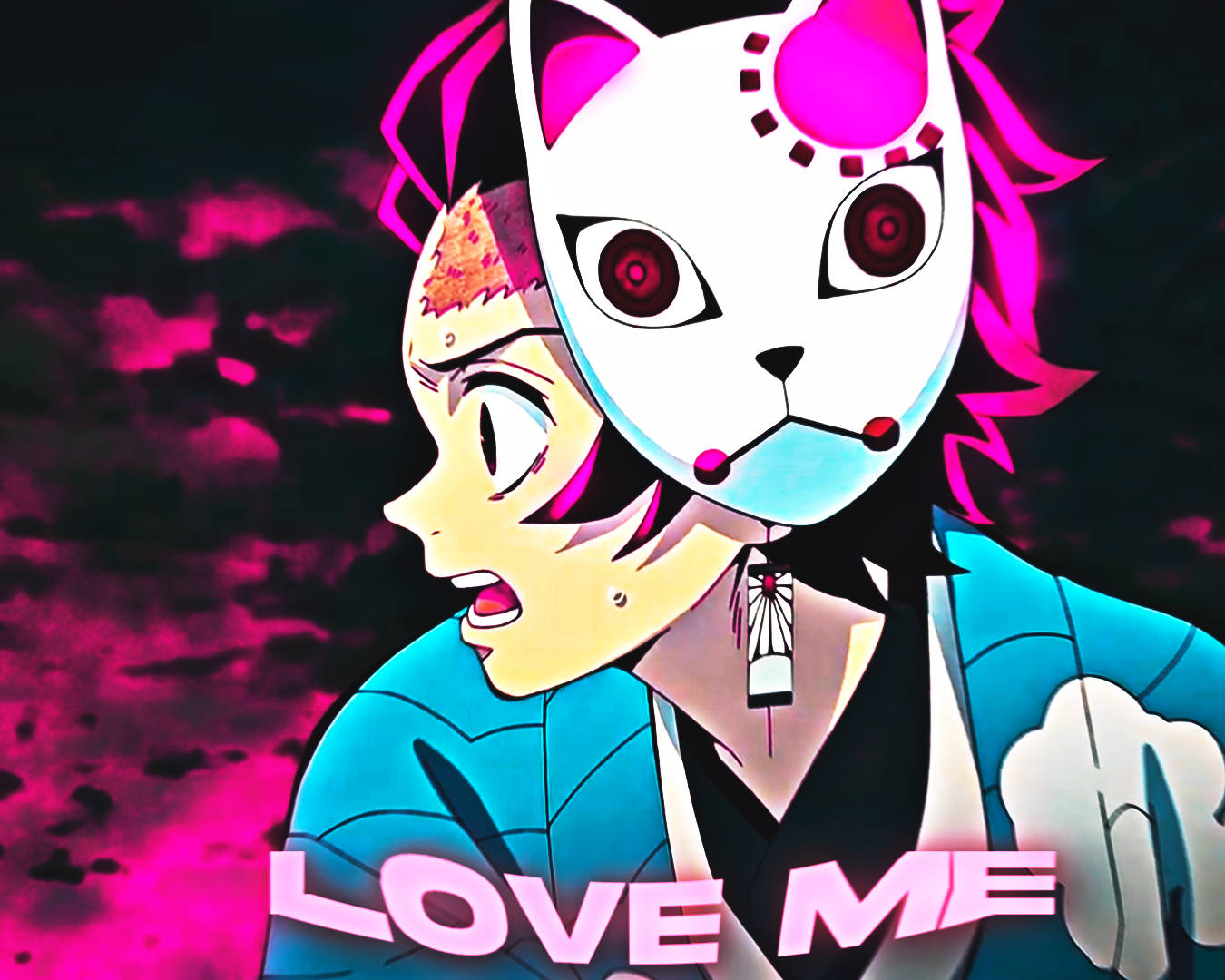 Tanjiro Kamado, white cat mask, pink hair, HD Desktop Wallpaper