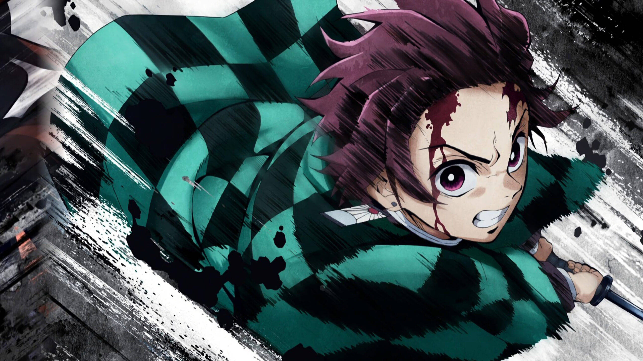 Tanjiro, purple hair, green checkered kimono, 2K Desktop Wallpaper