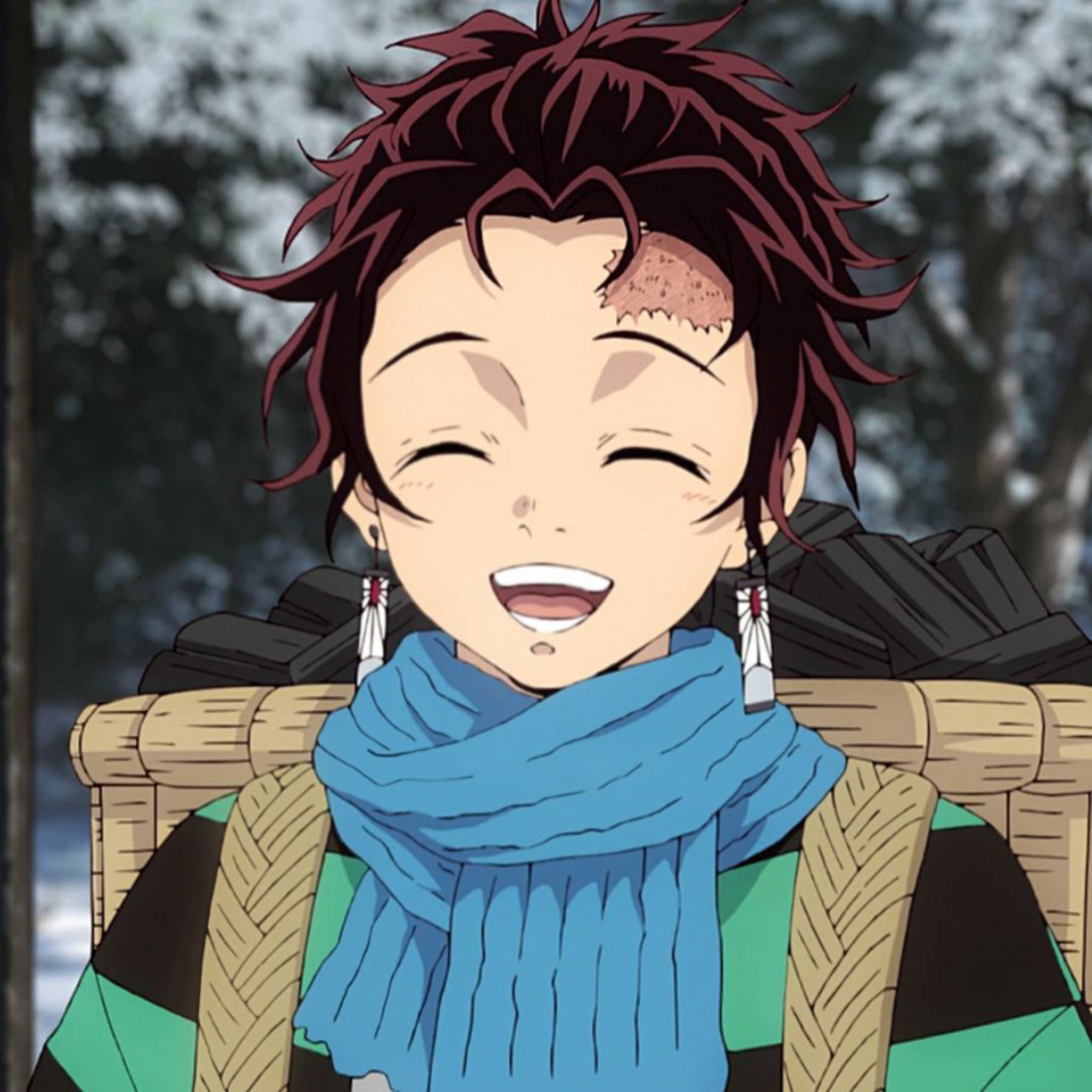 Tanjiro, spiky red hair, blue scarf, Full HD Desktop Wallpaper