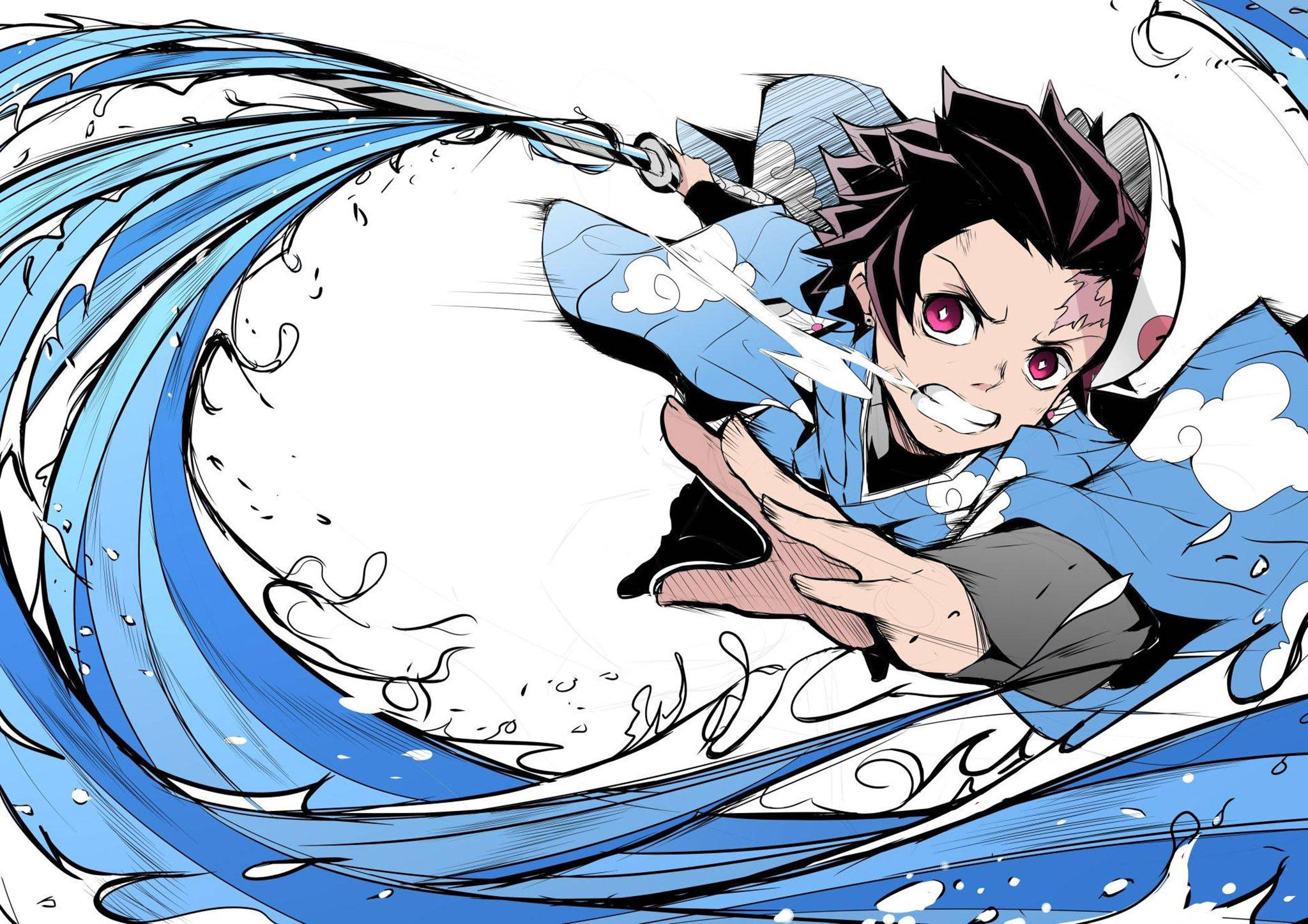 Tanjiro, blue kimono, swirling water, Full HD Desktop Wallpaper
