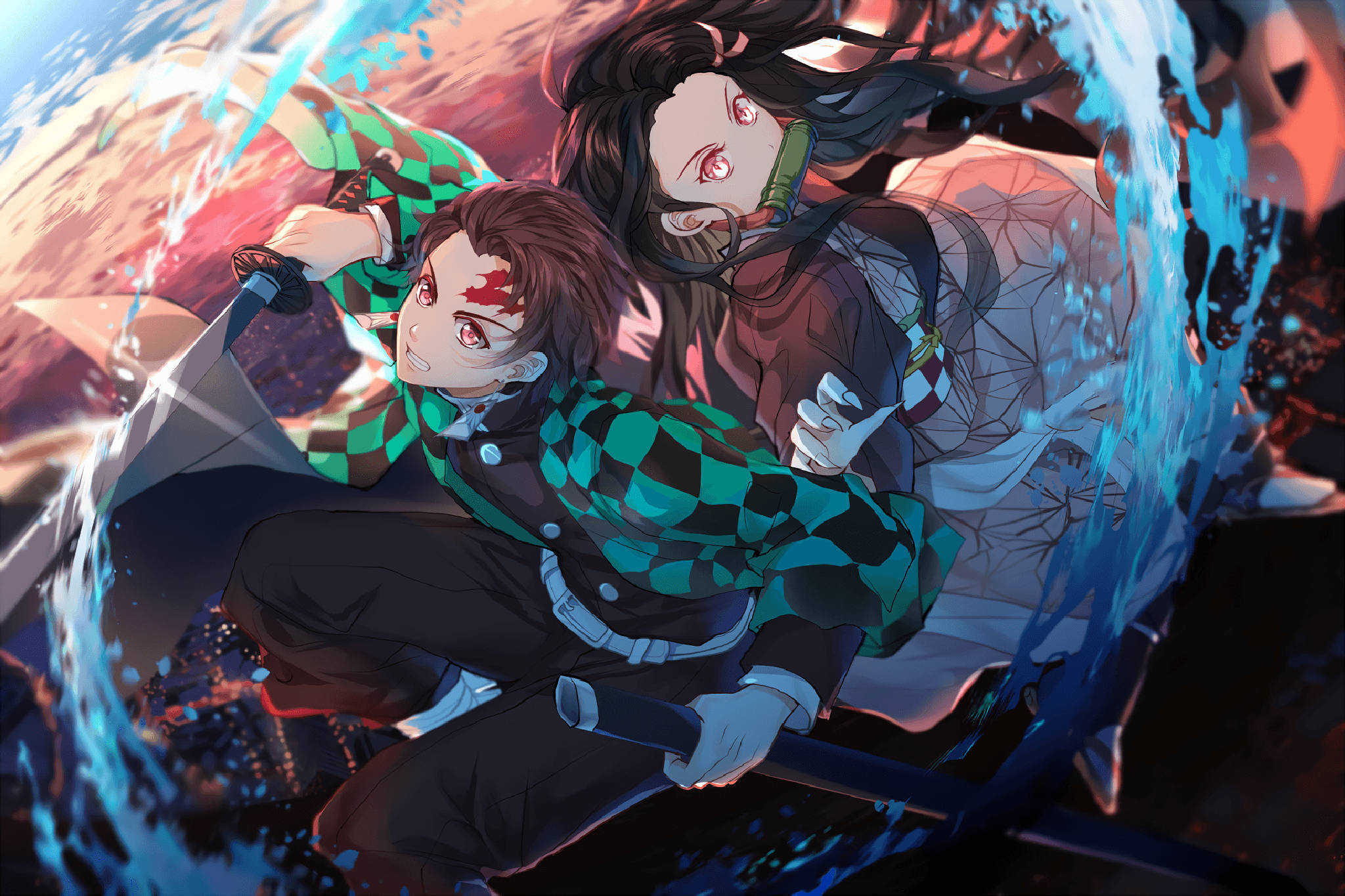 Tanjiro, sister, checkered jackets, Full HD Desktop Wallpaper