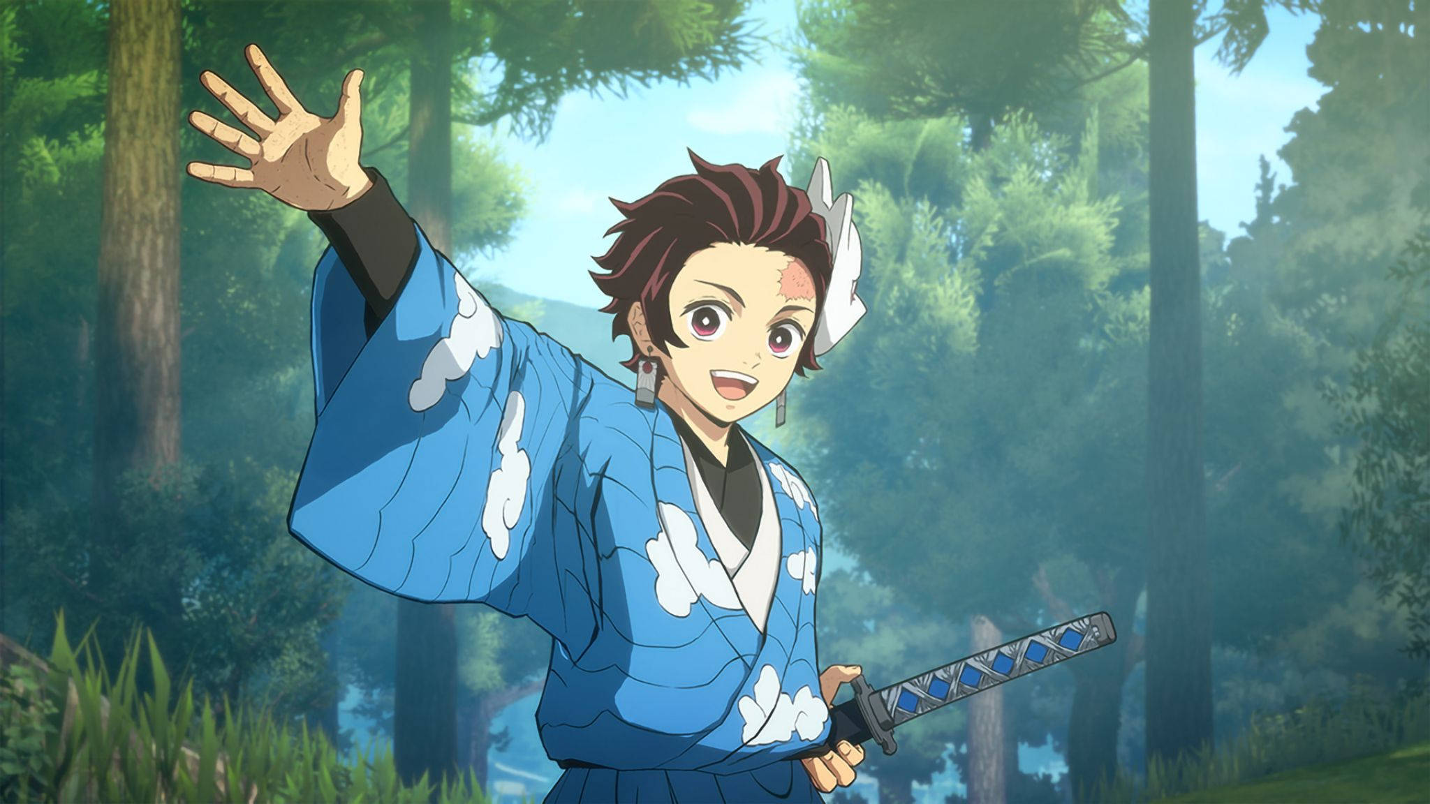 Tanjiro, blue cloud-patterned kimono, sword, Full HD Desktop Wallpaper