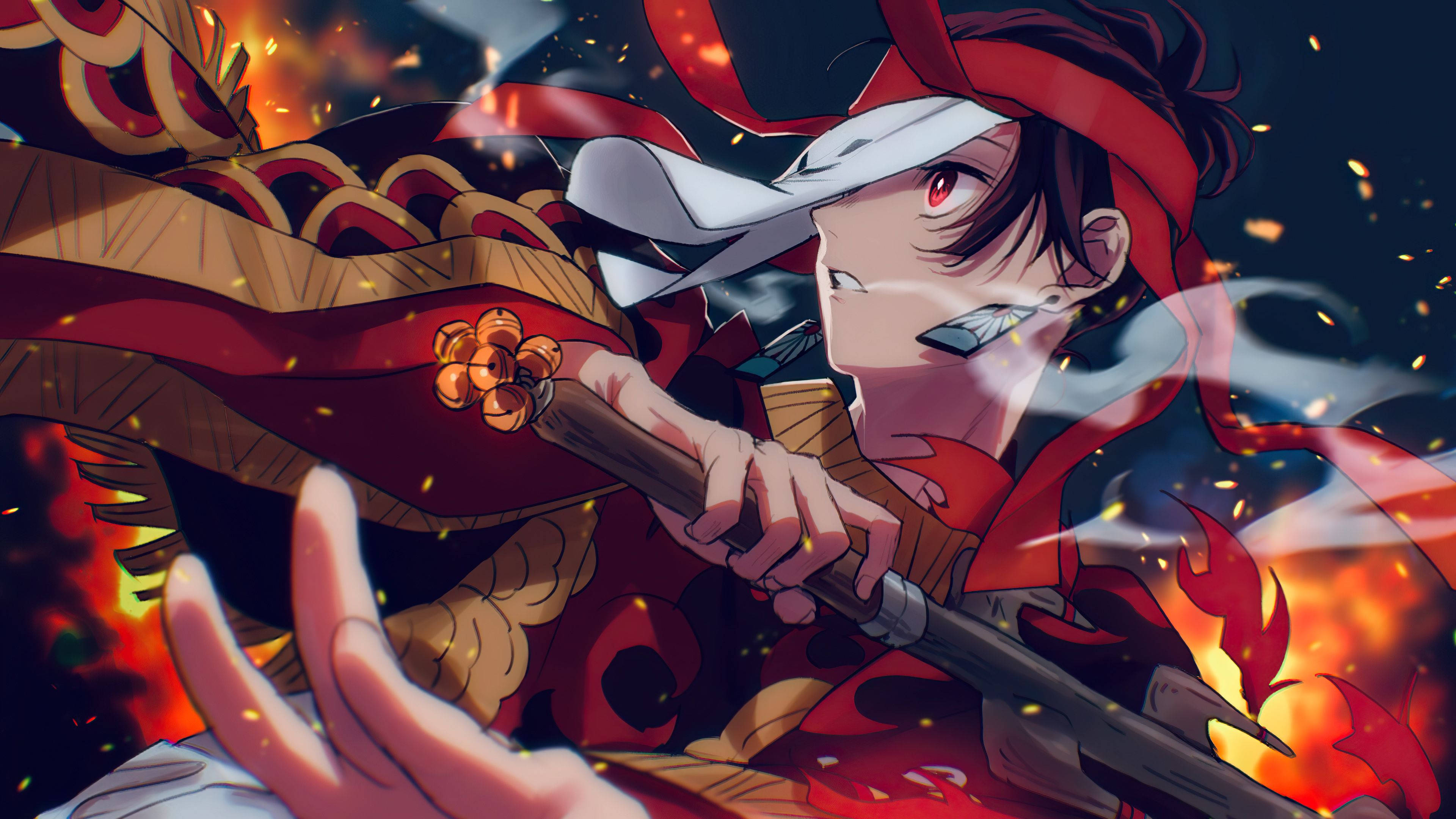 Tanjiro, fire breathing, red eyes, 4K Desktop Wallpaper