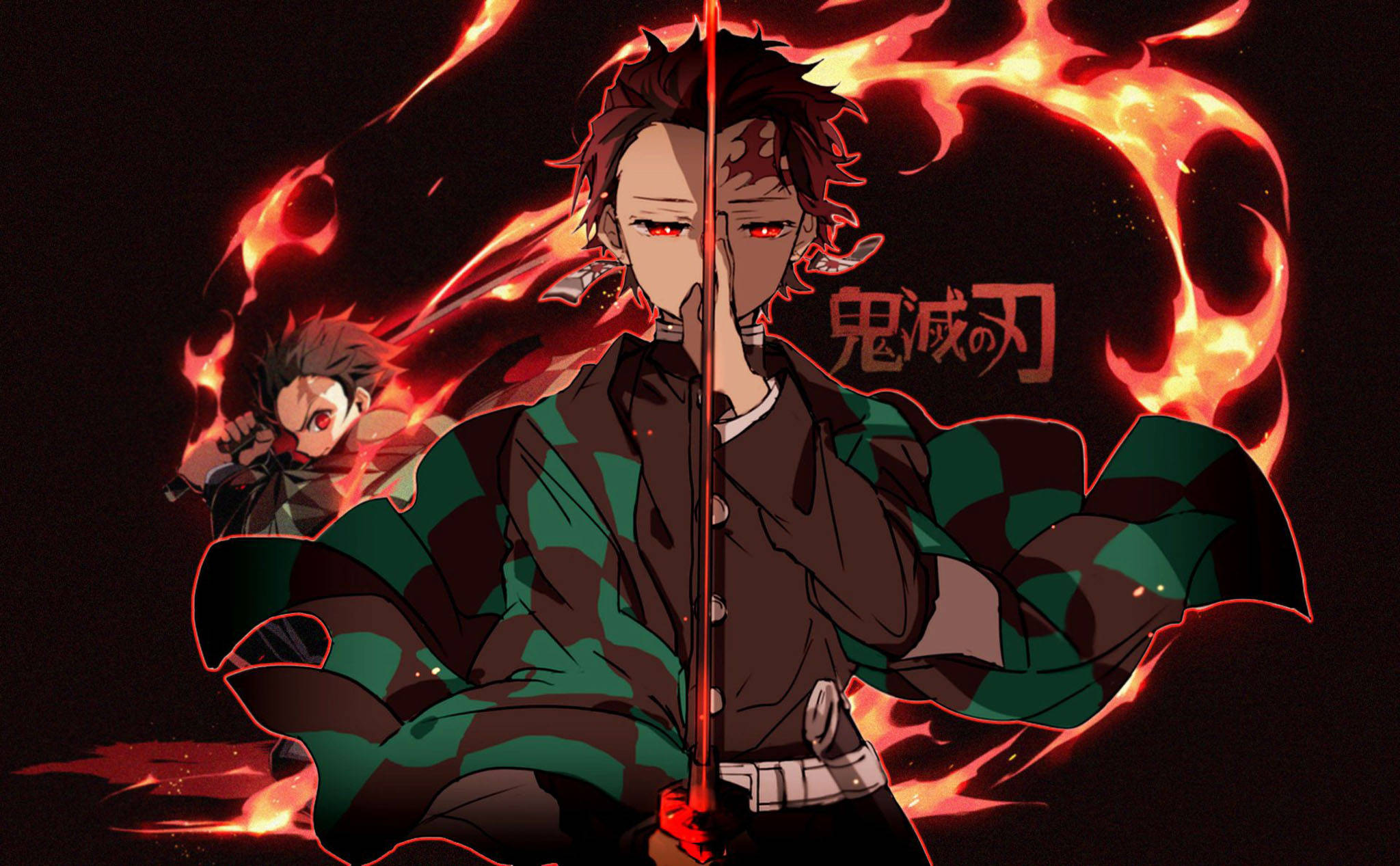Tanjiro, flame art, green and black checkered kimono, Full HD Desktop Wallpaper