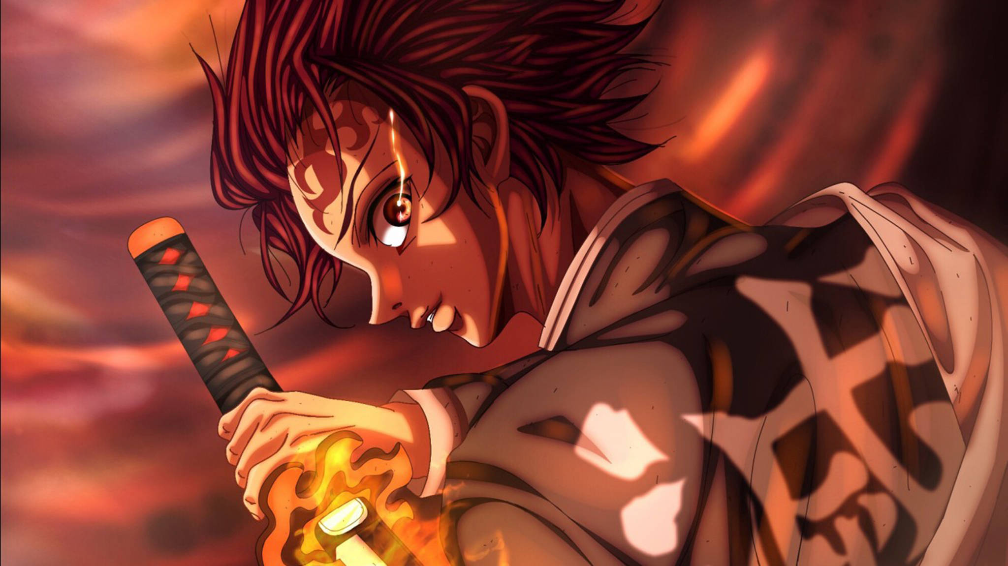 Tanjiro, flaming sword, fiery sunset sky, Full HD Desktop Wallpaper