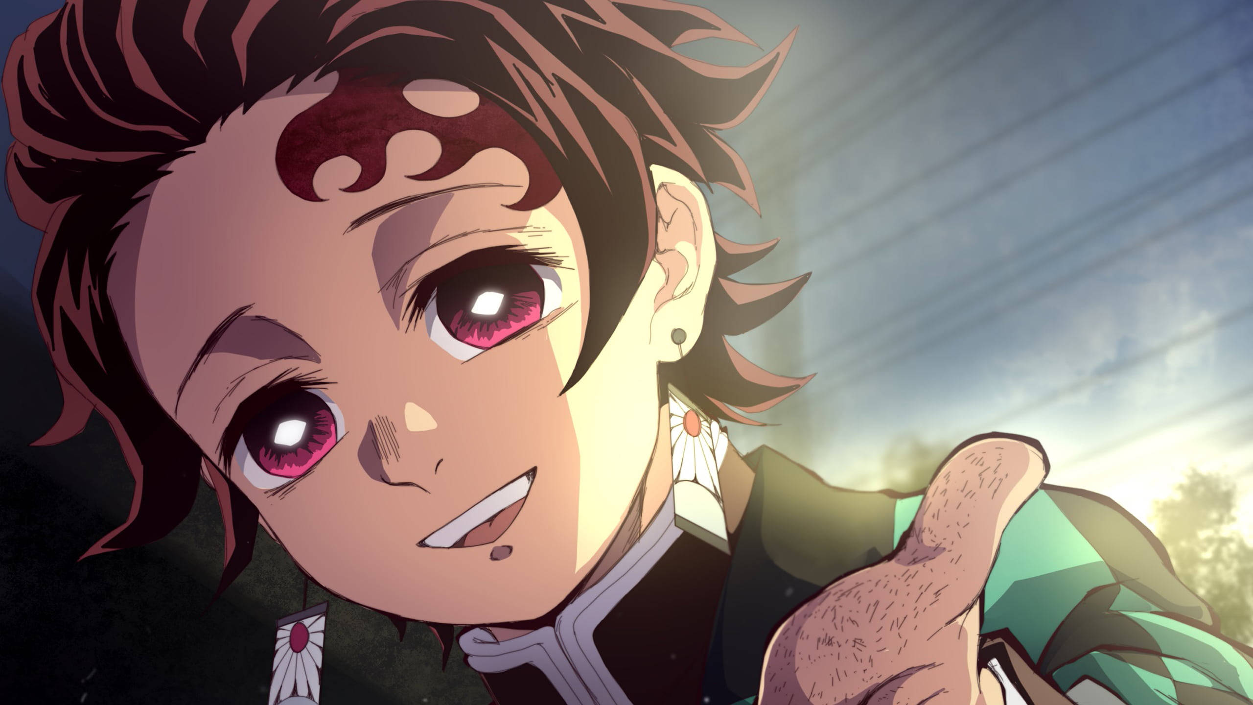 Tanjiro, fiery red eyes, spiky hair, 2K Desktop Wallpaper