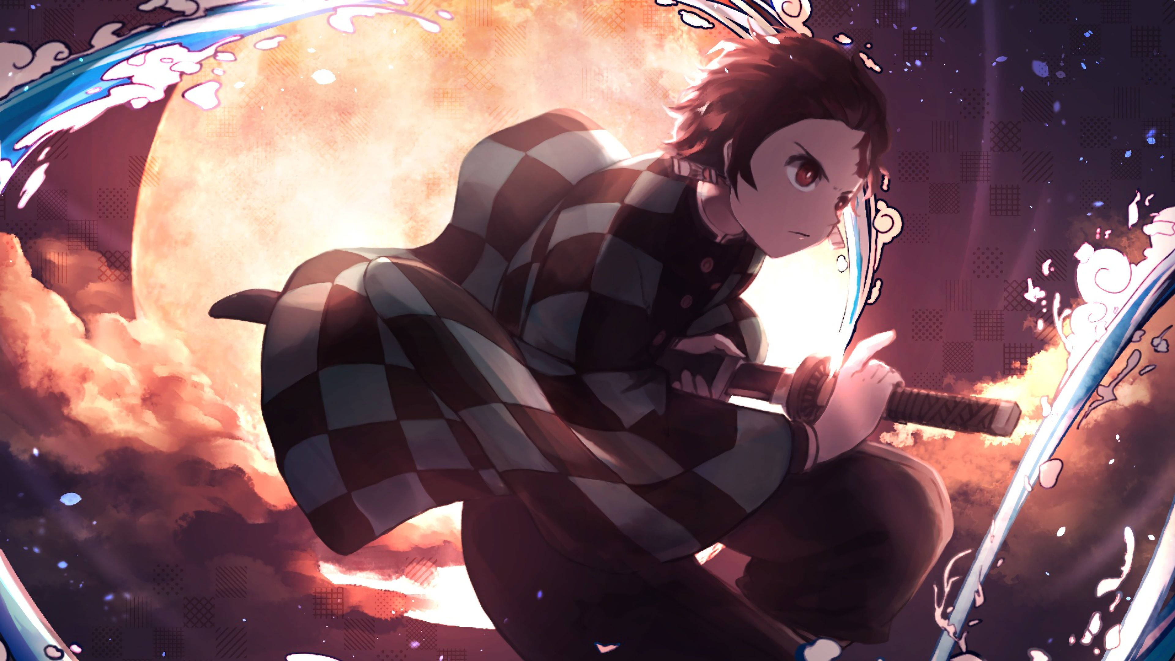 Tanjiro, checkered kimono, glowing sword, 4K Desktop Wallpaper