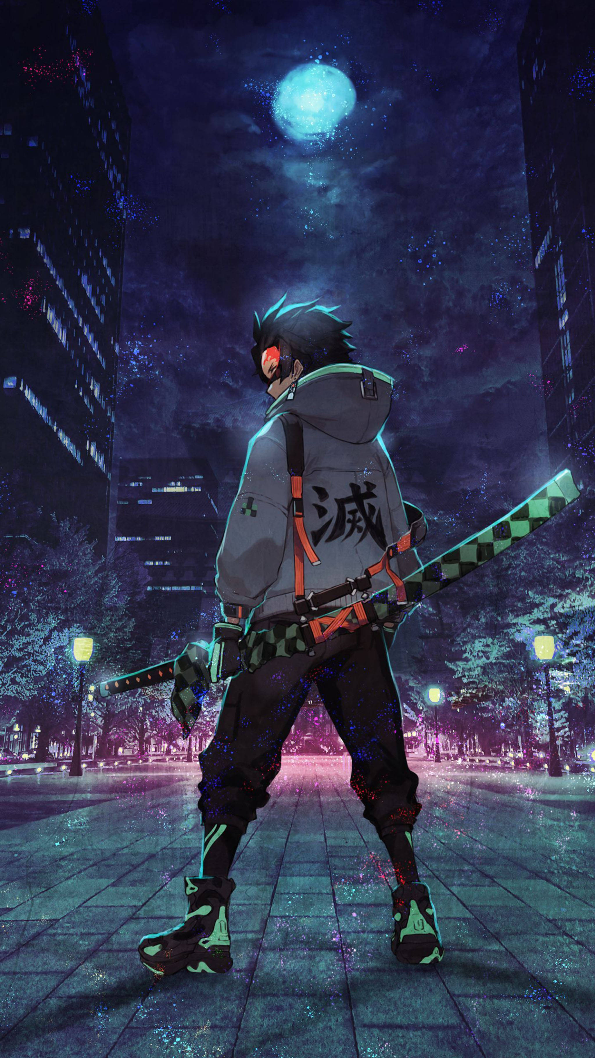 Tanjiro, city street, neon-drenched, 2K Phone Wallpaper