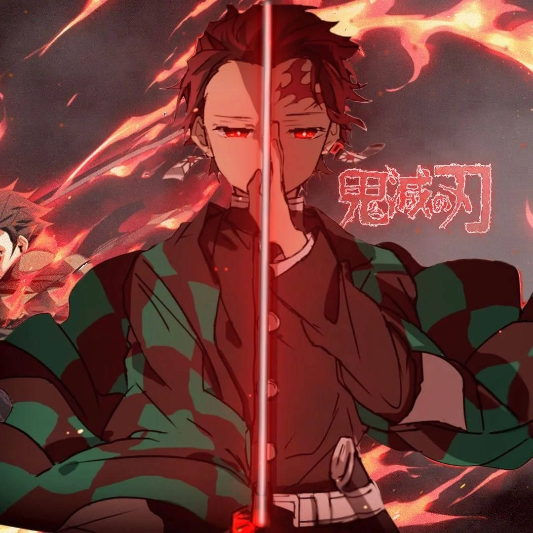 Tanjiro, red eyes, green checkered kimono, SD Desktop Wallpaper
