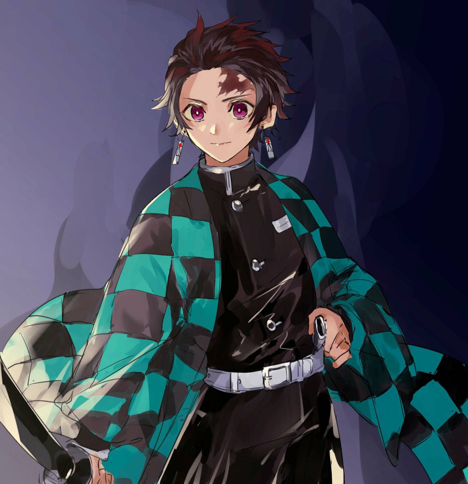 Tanjiro, purple eyes, spiky brown hair, HD Phone Wallpaper