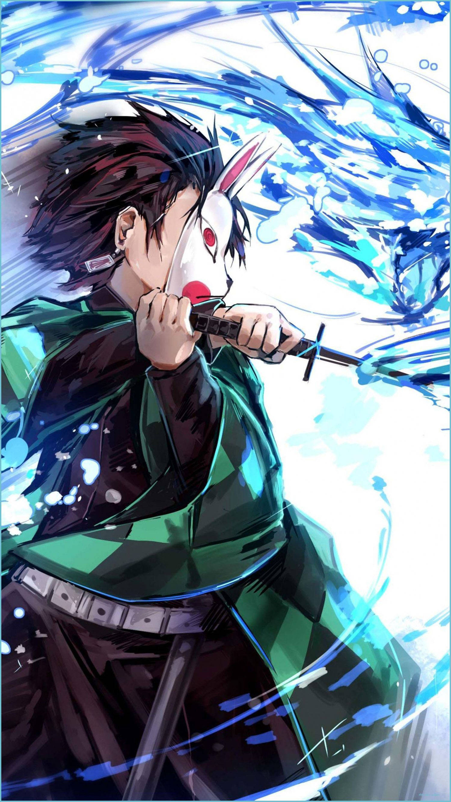 Tanjiro, rabbit mask, sword, 2K Phone Wallpaper