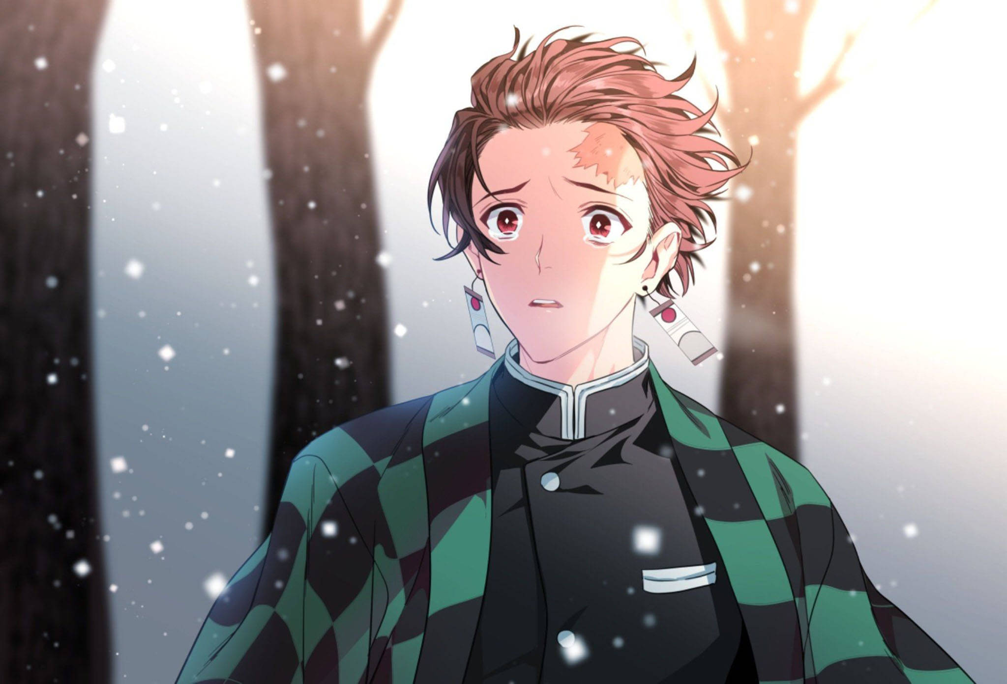 Tanjiro, red hair, checkered green coat, Full HD Desktop Wallpaper