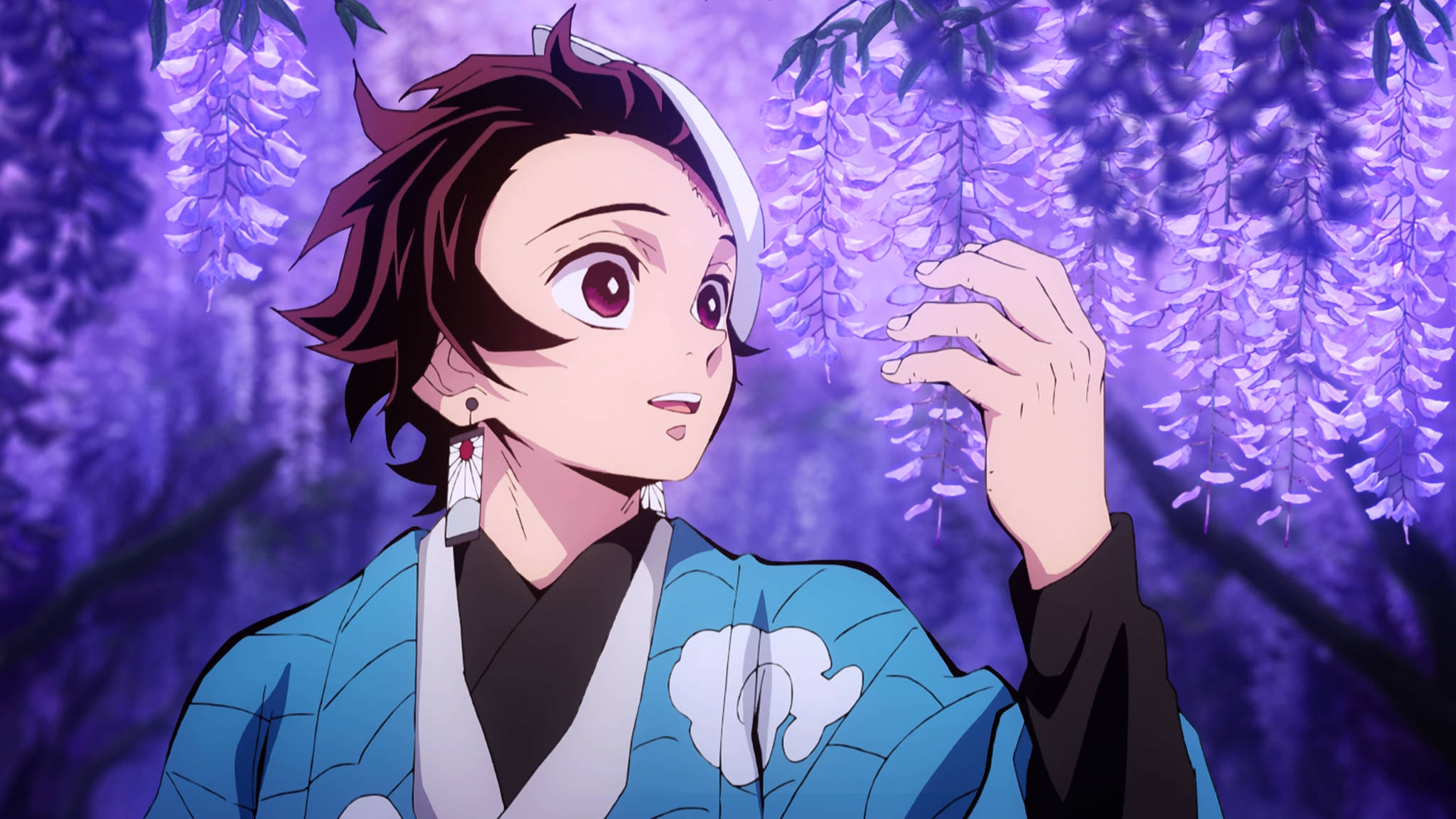 Tanjiro, purple wisteria flower, blue kimono, Full HD Desktop Wallpaper