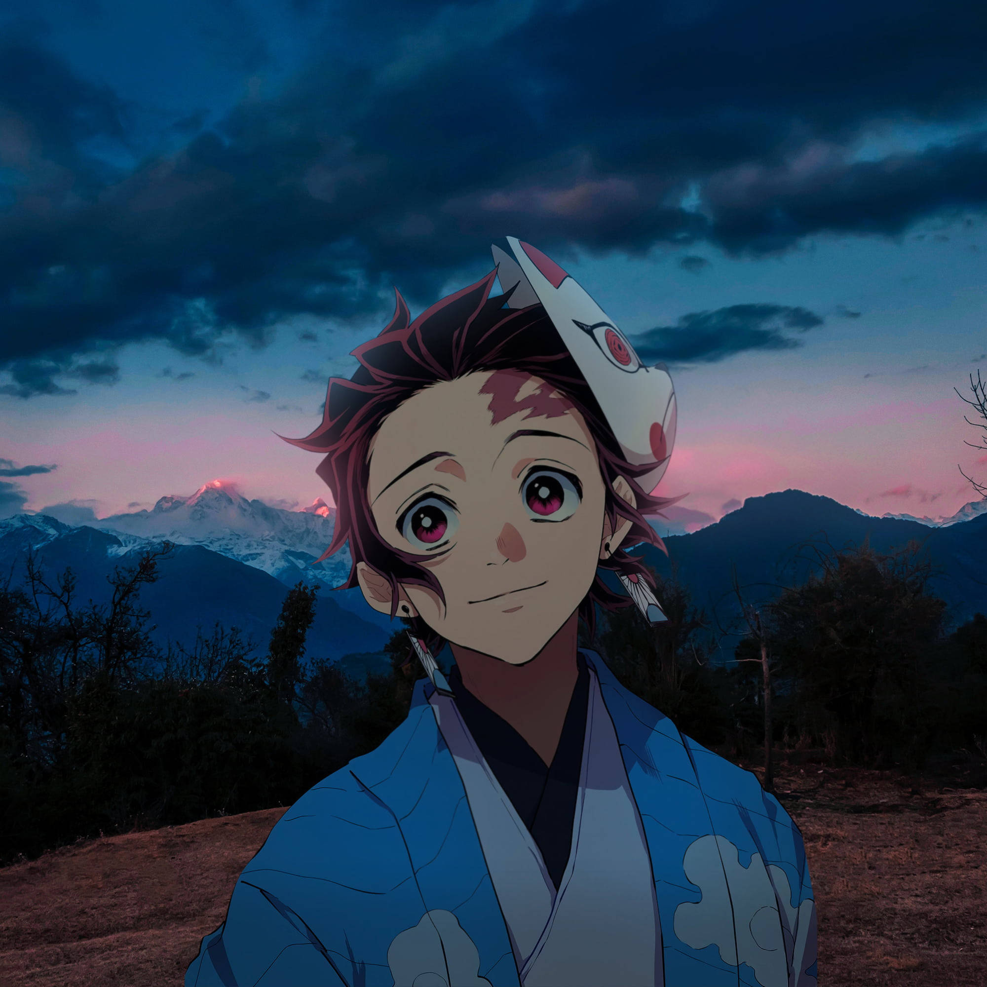 Tanjiro Pfp, dusky mountains, red eyes, Full HD Desktop Wallpaper