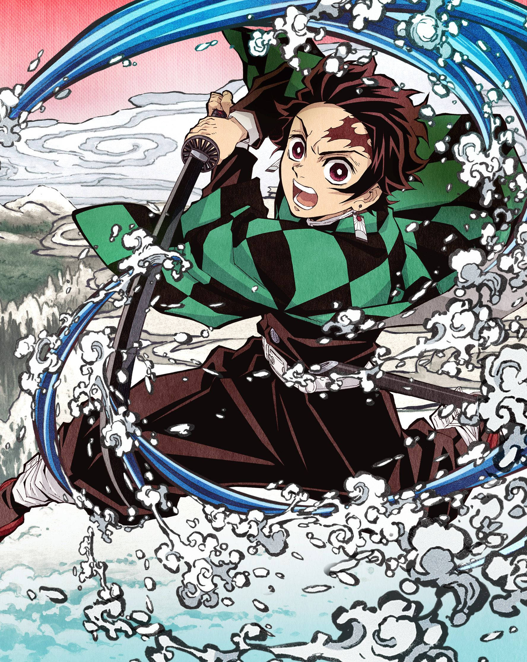 Tanjiro, green and black checkered kimono, swirling blue water, Full HD Phone Wallpaper
