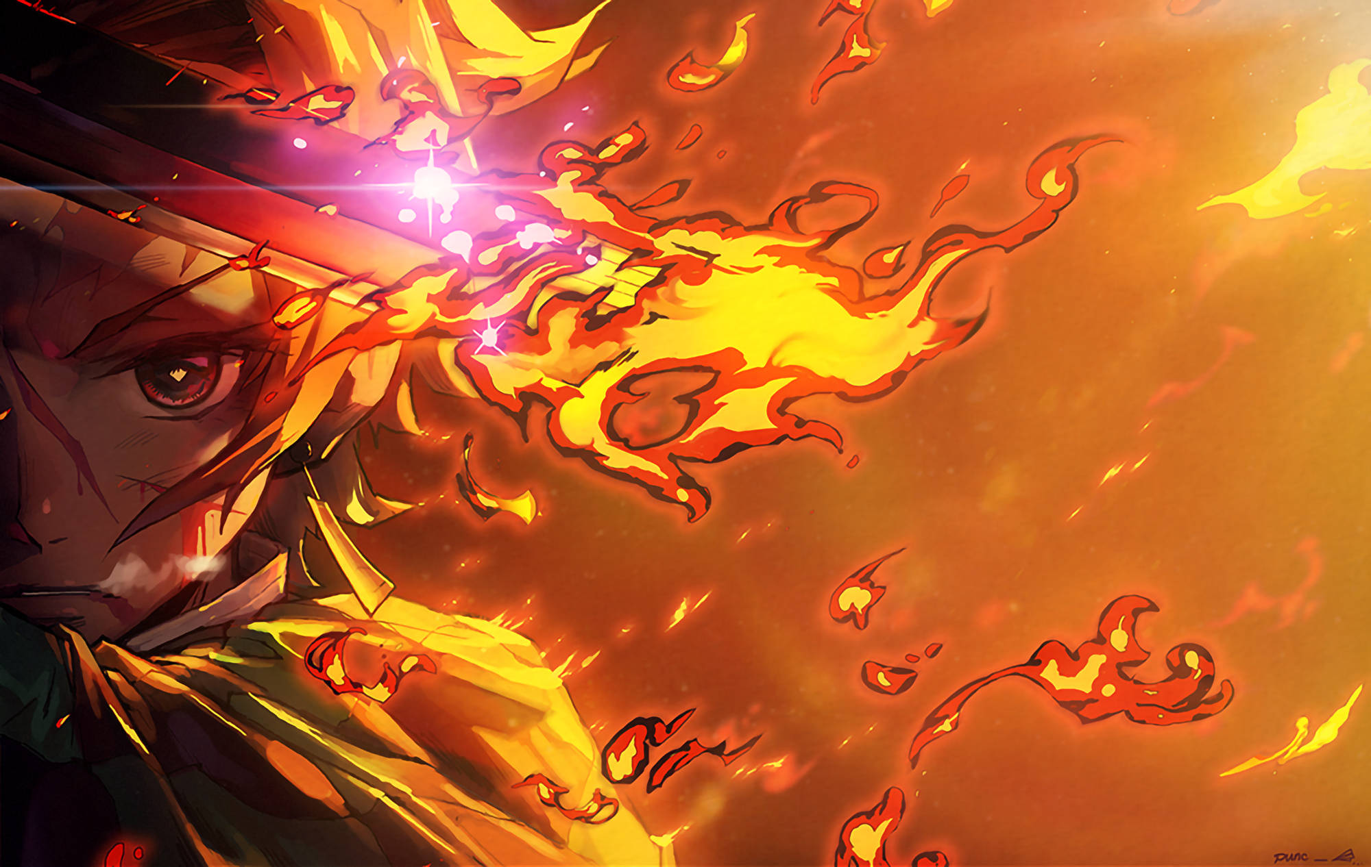 Tanjiro, flaming chipped sword, orange flames, Full HD Desktop Wallpaper