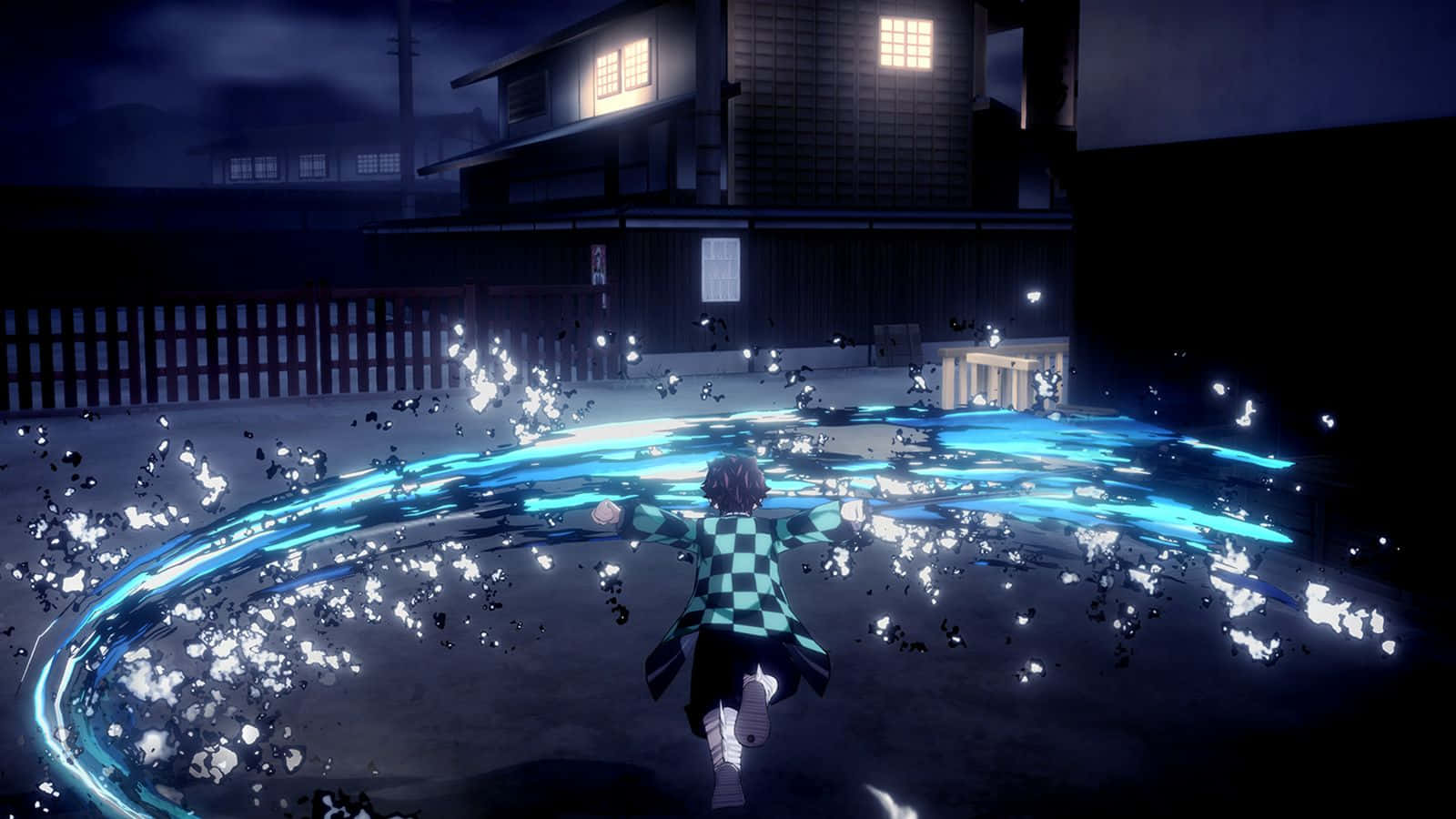 Tanjiro, checkered kimono, glowing blue energy ring, HD Desktop Wallpaper