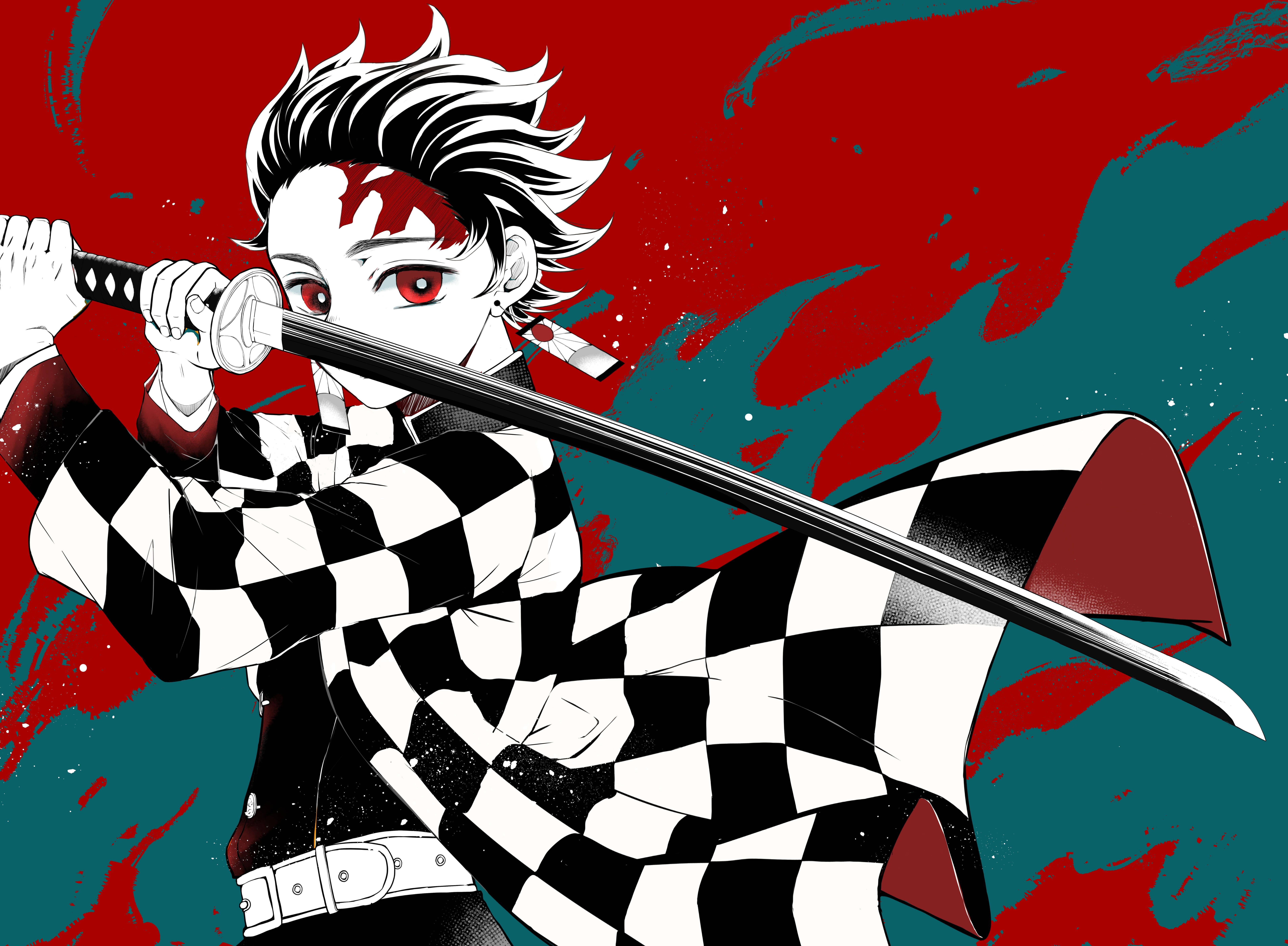Tanjiro, red eyes, checkered kimono, 5K Desktop Wallpaper