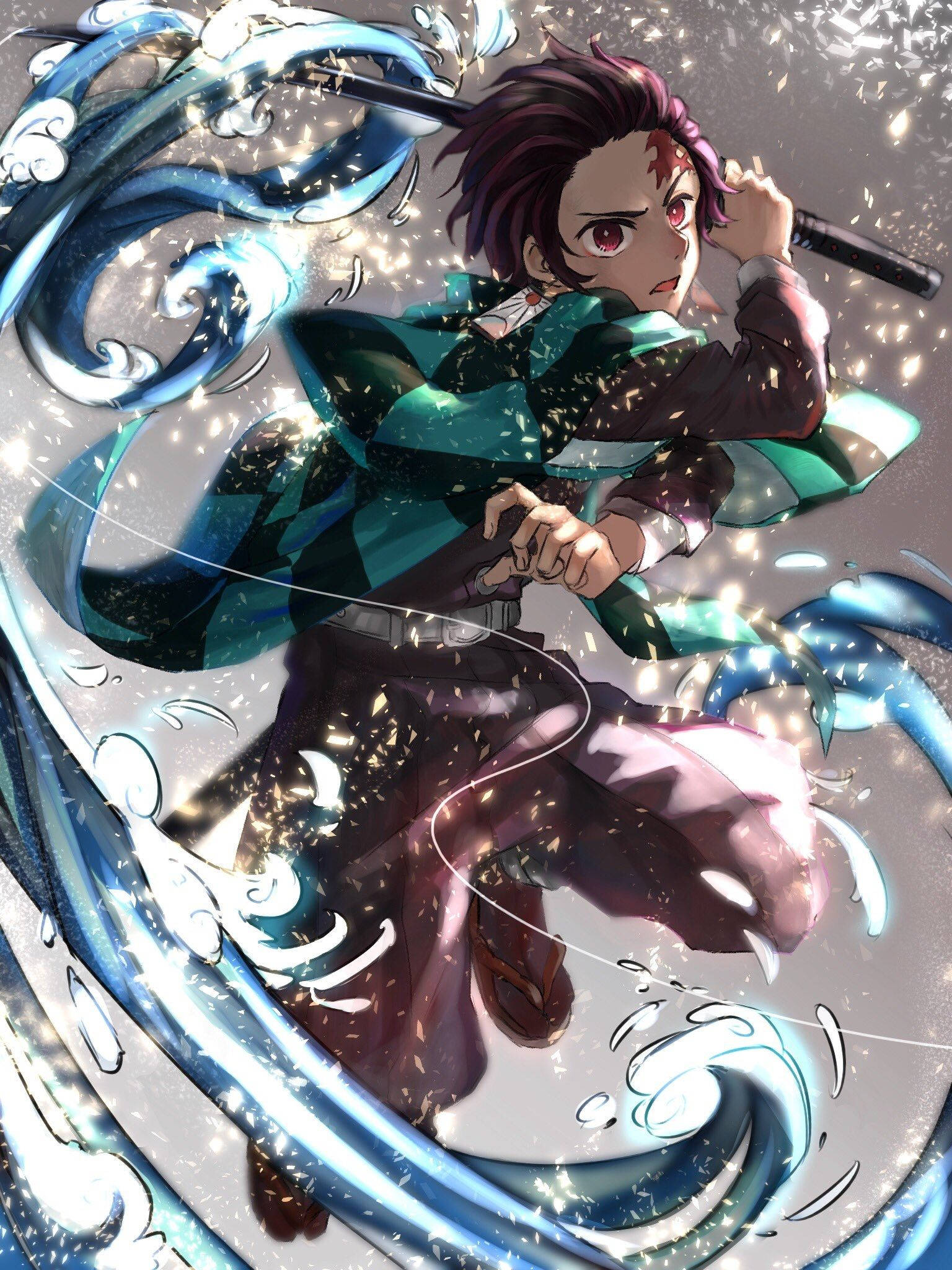 Tanjiro, purple hair, red eyes, Full HD Phone Wallpaper