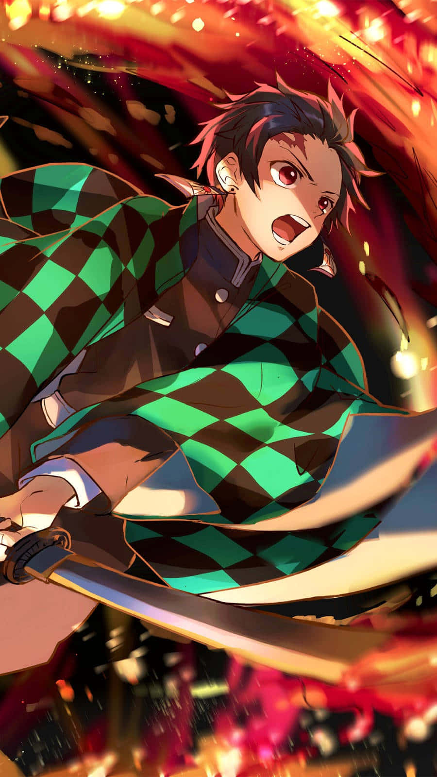Tanjiro, green checkered kimono, sword, HD Phone Wallpaper
