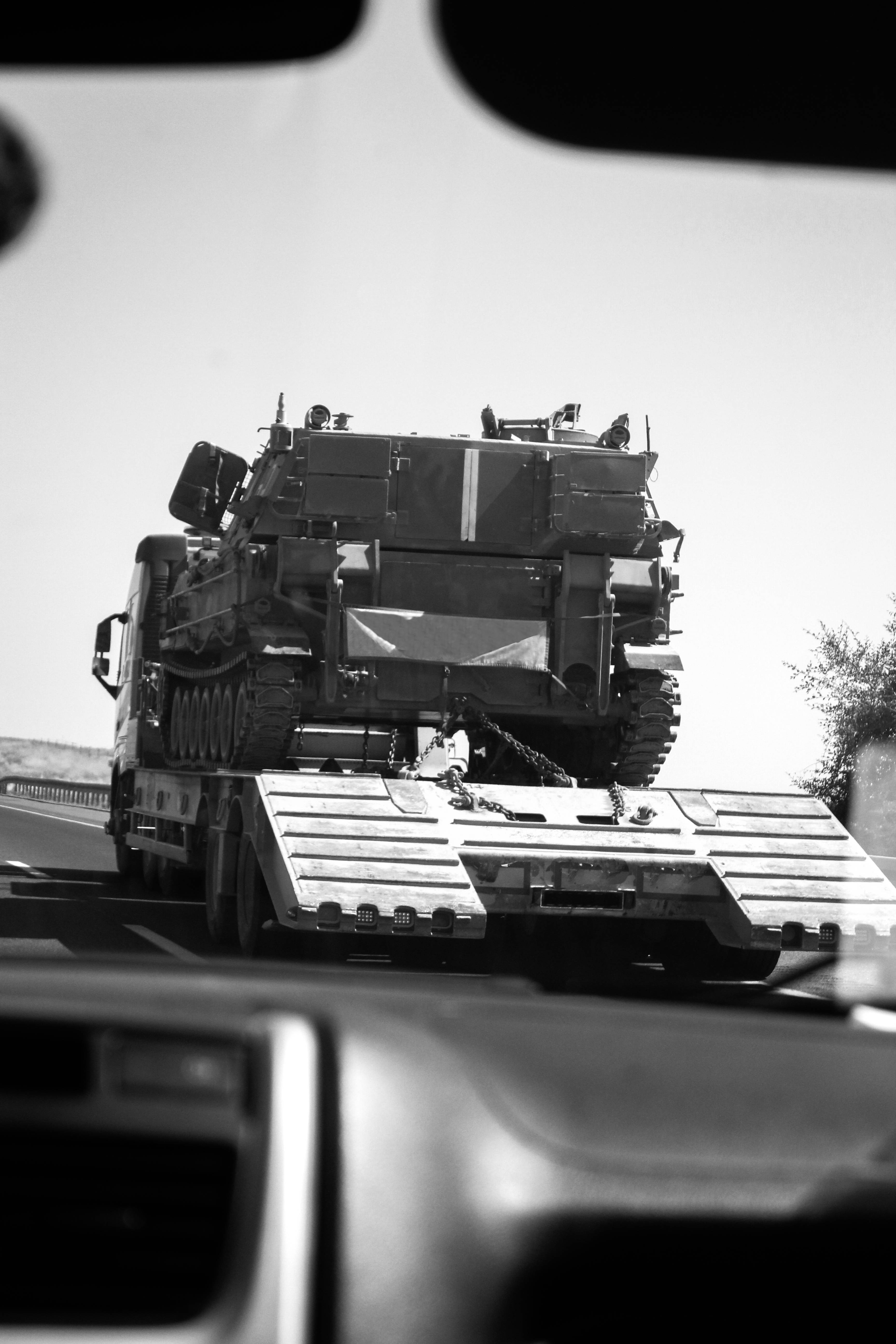 military tank, flatbed truck, desert highway, 5K Phone Wallpaper