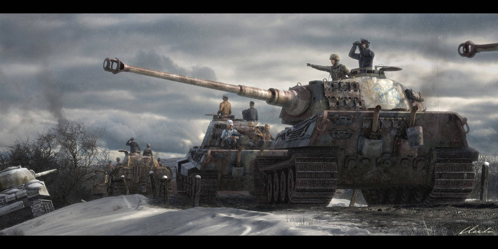 rusted military tanks, snow-covered battlefield, soldiers, HD Desktop Wallpaper