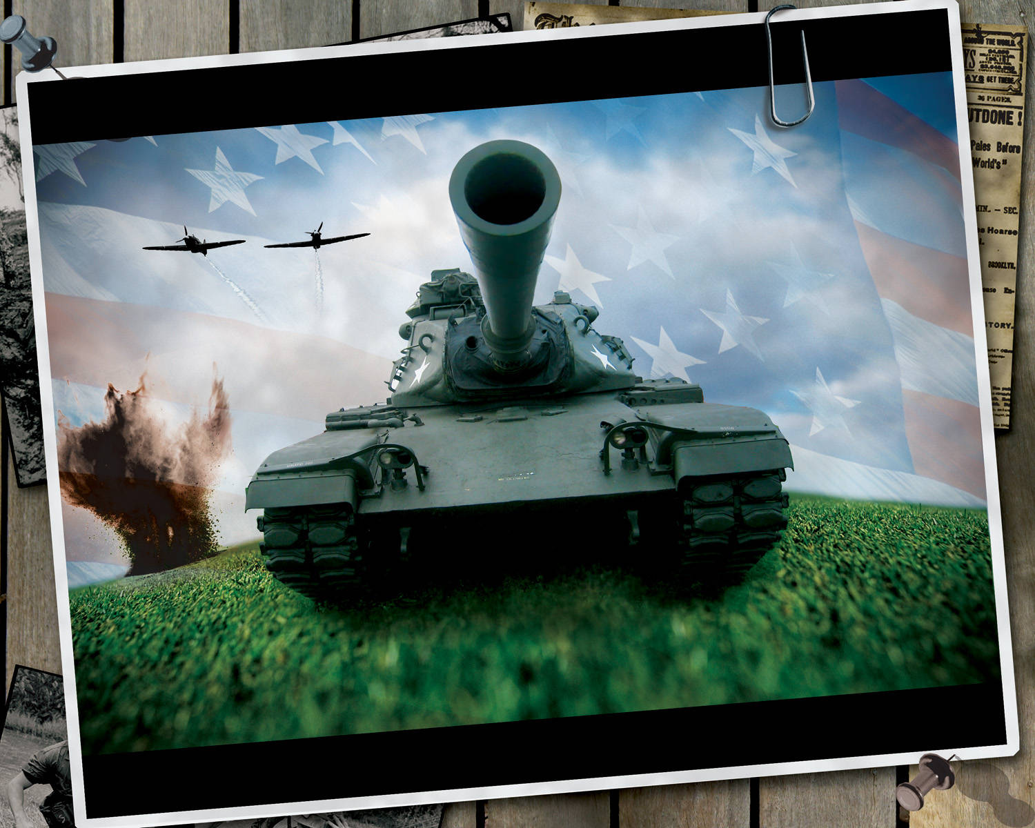 military tank, grassy field, American flag sky, HD Desktop Wallpaper