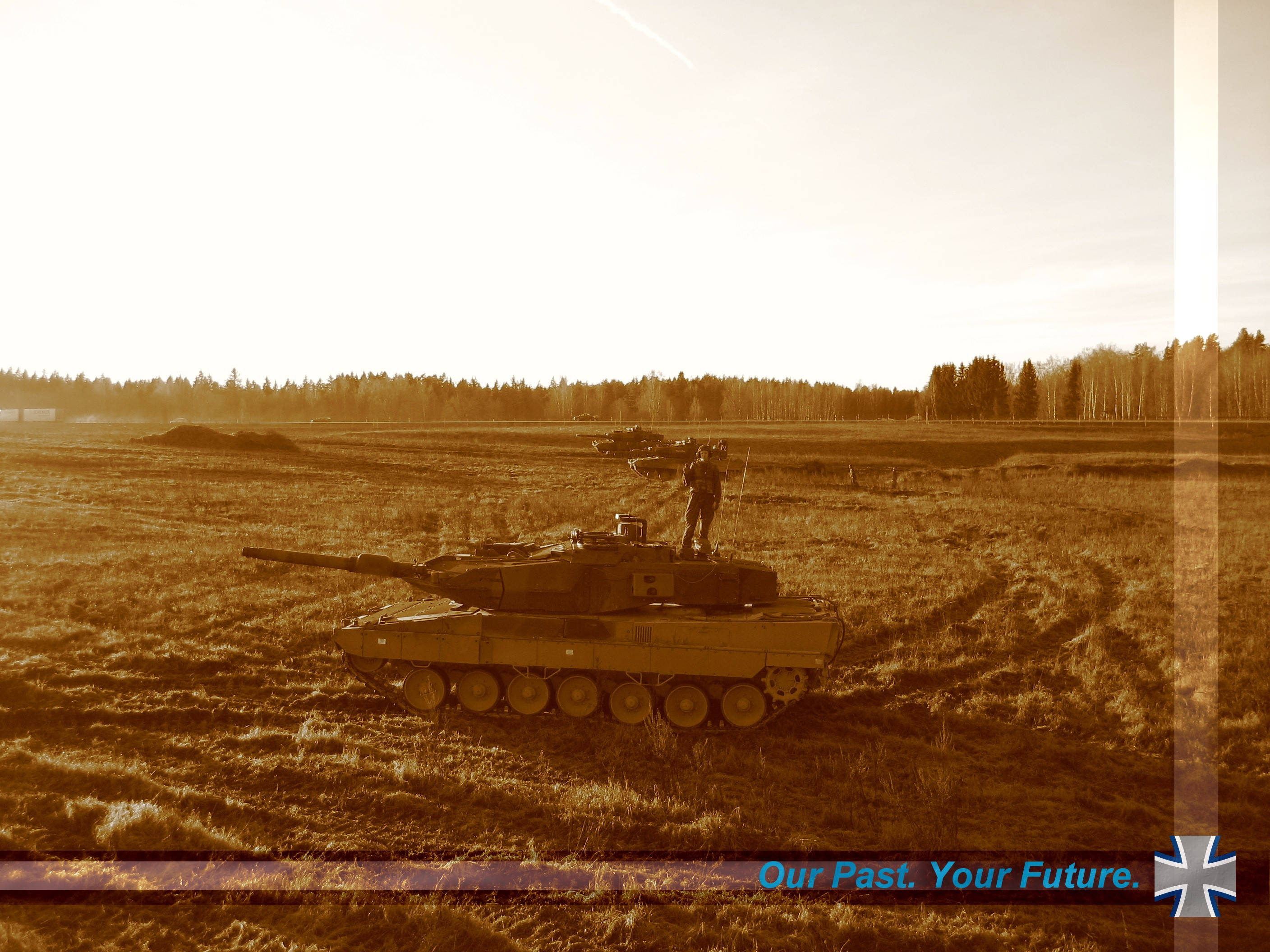 military tank, vast field, golden hour, 2K Desktop Wallpaper