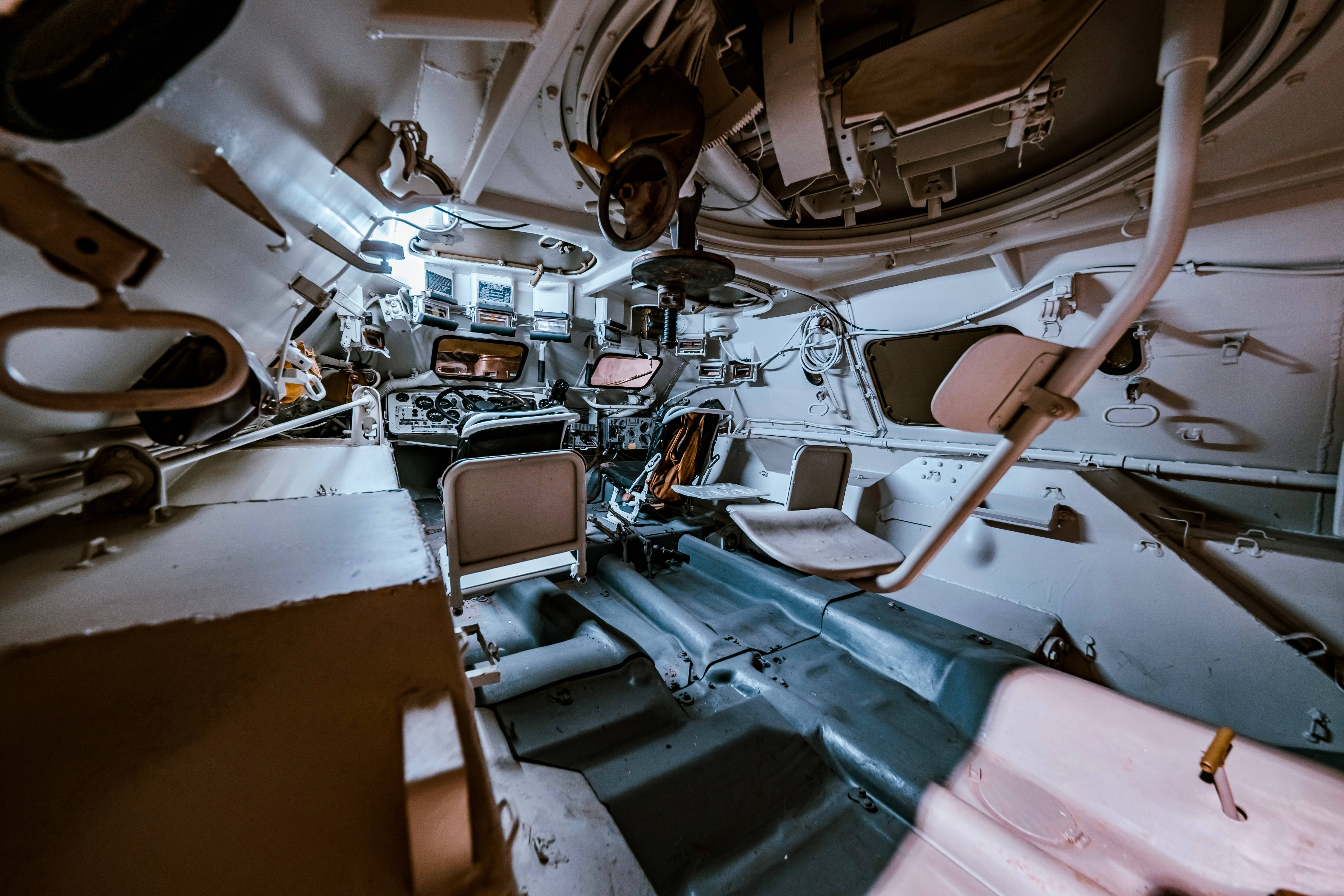 military tank, cramped crew compartment, worn seats, 5K Desktop Wallpaper