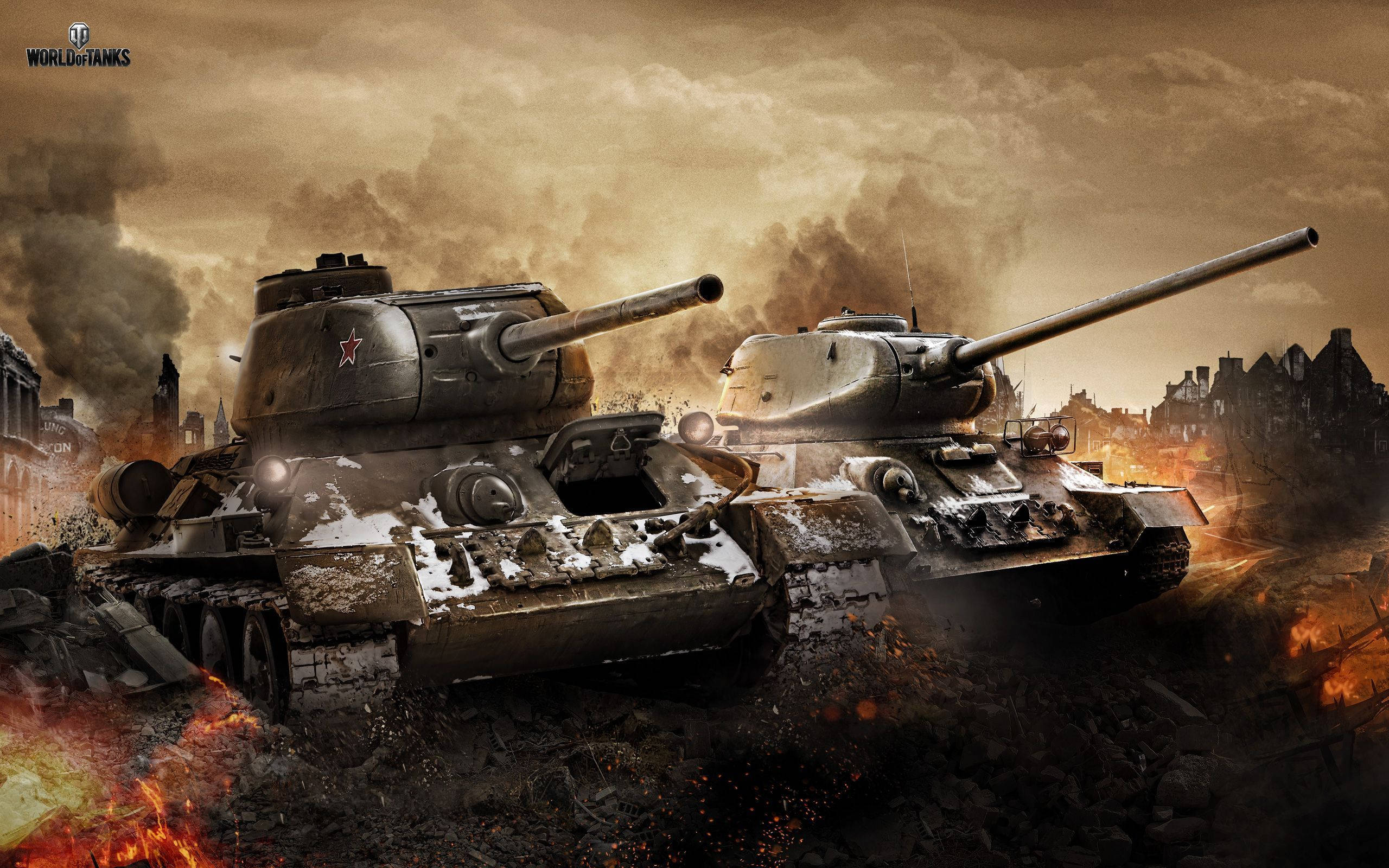 Black Soldier Tanks, battle-scarred tanks, burning war-torn city, 2K Desktop Wallpaper
