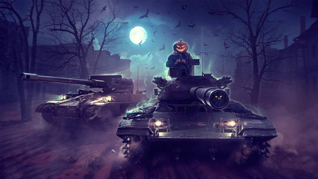 soldier tanks, haunted city street, full moon, SD Desktop Wallpaper