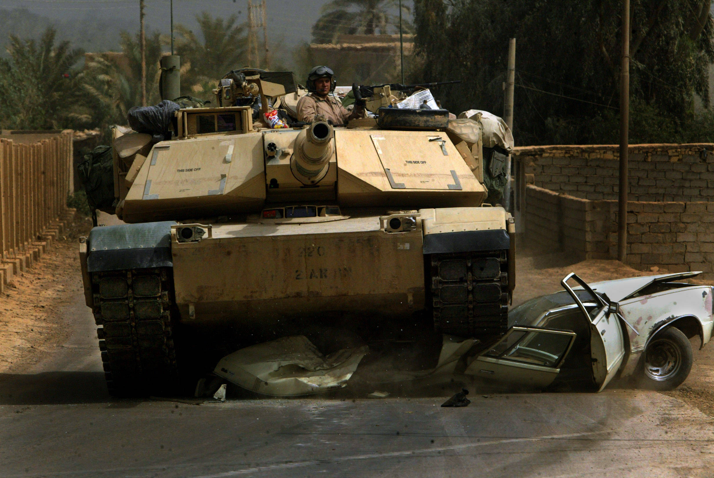 military tank, white car, dusty road, Full HD Desktop Wallpaper