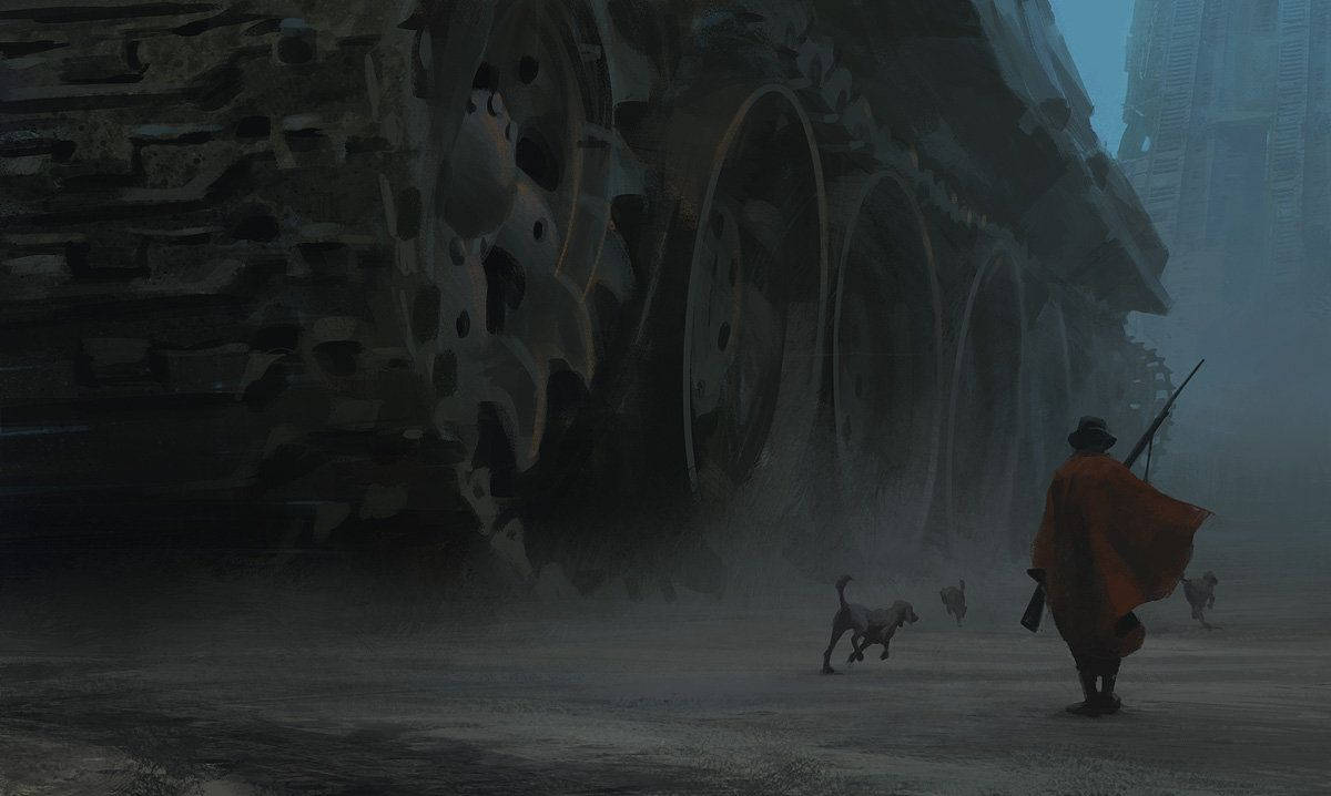 futuristic giant tank, red cloak, colossal rusted gears, SD Desktop Wallpaper