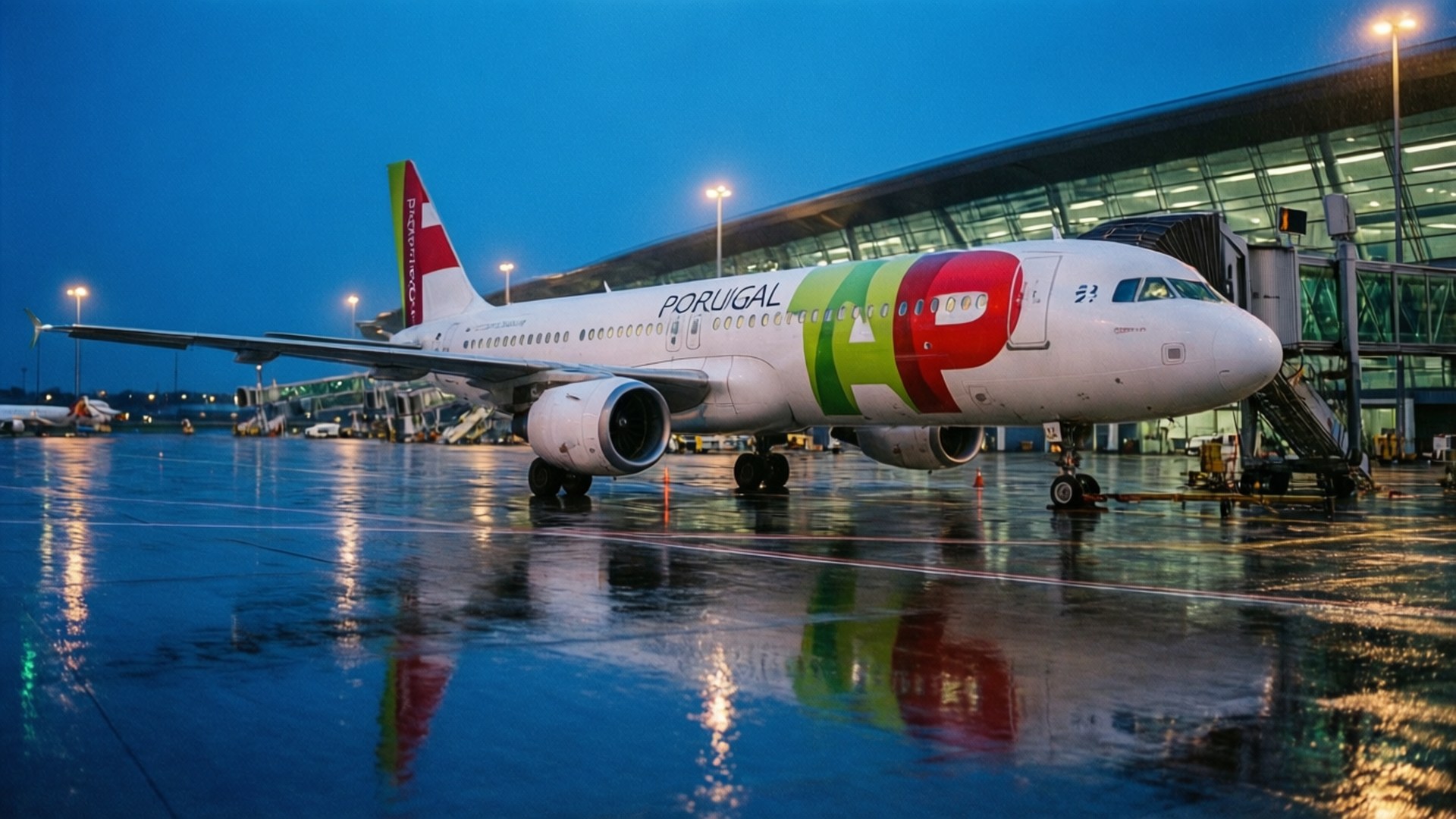 TAP Portugal, dusk, wet tarmac, Full HD Desktop Wallpaper