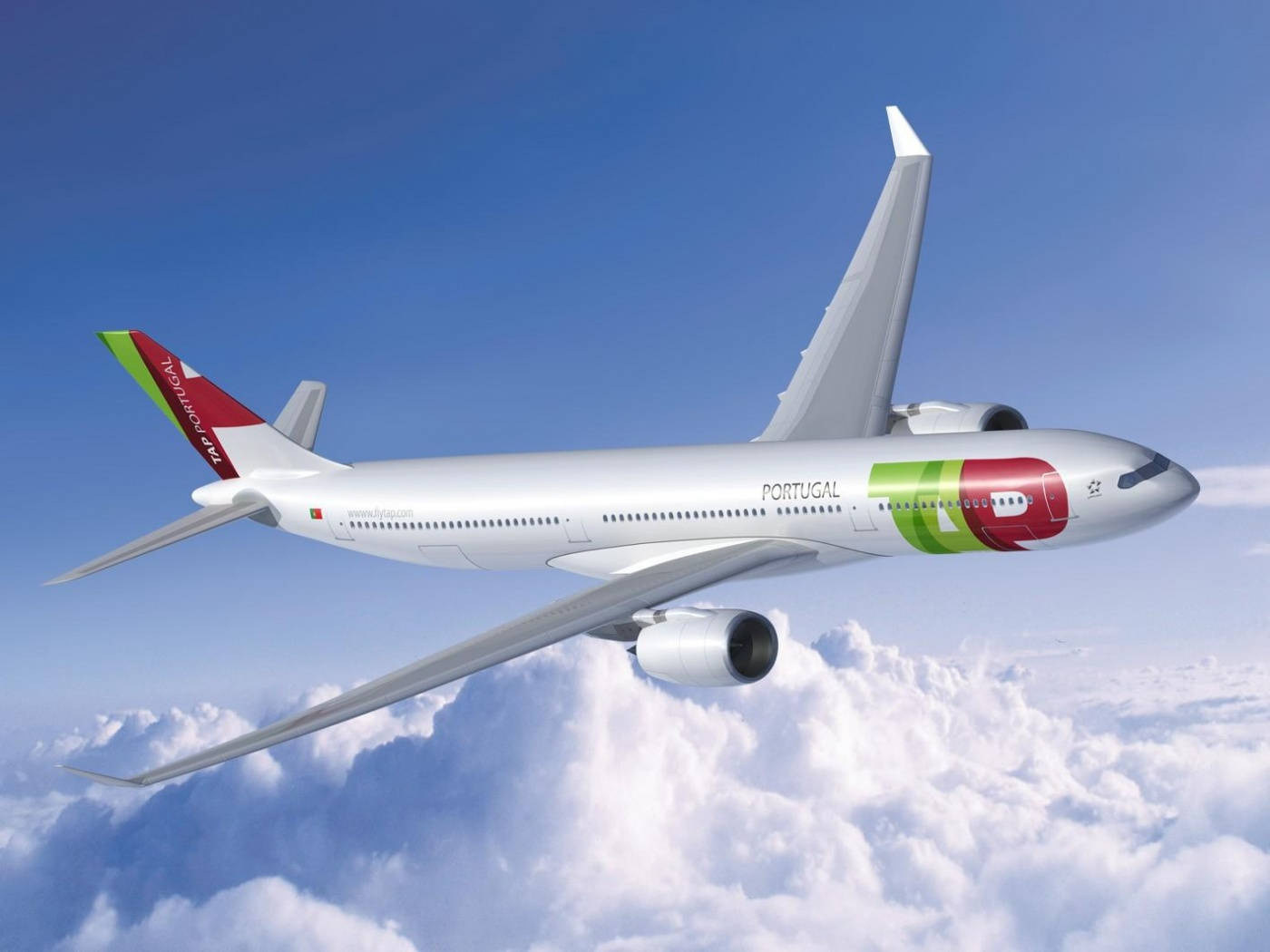 TAP Portugal, white clouds, clear blue sky, HD Desktop Wallpaper
