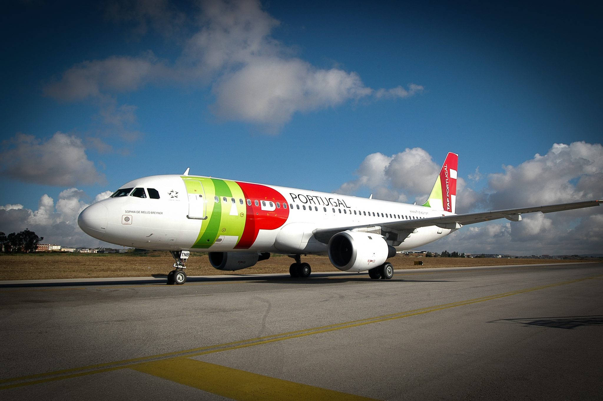 TAP Portugal, vibrant green red and white livery, sunlit airport tarmac, Full HD Desktop Wallpaper