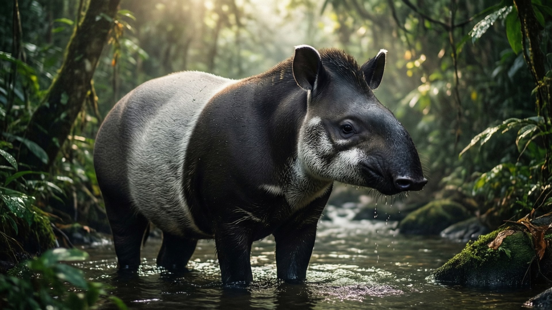 Misty Jungle Tapir Dawn, jungle stream, lush green foliage, Full HD Desktop Wallpaper