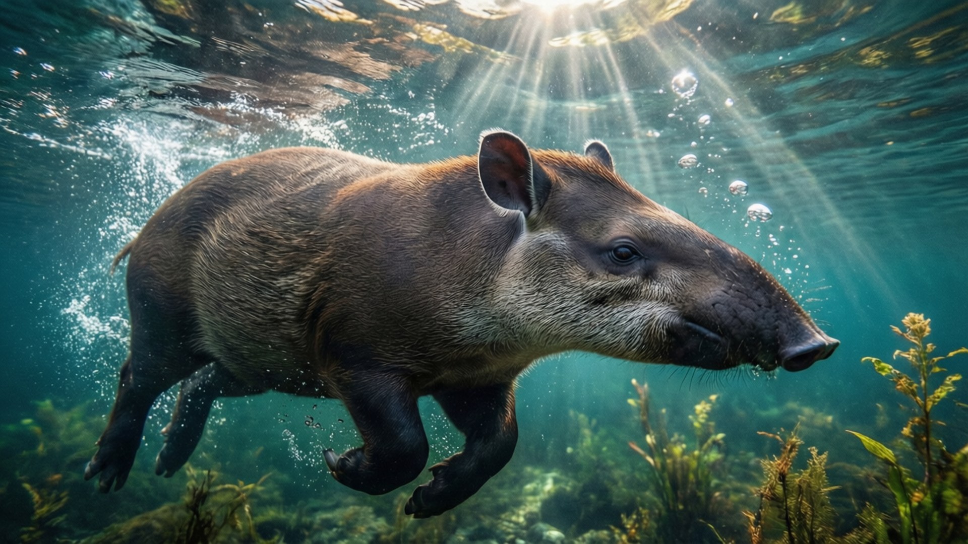 tapir, underwater, clear river, Full HD Desktop Wallpaper