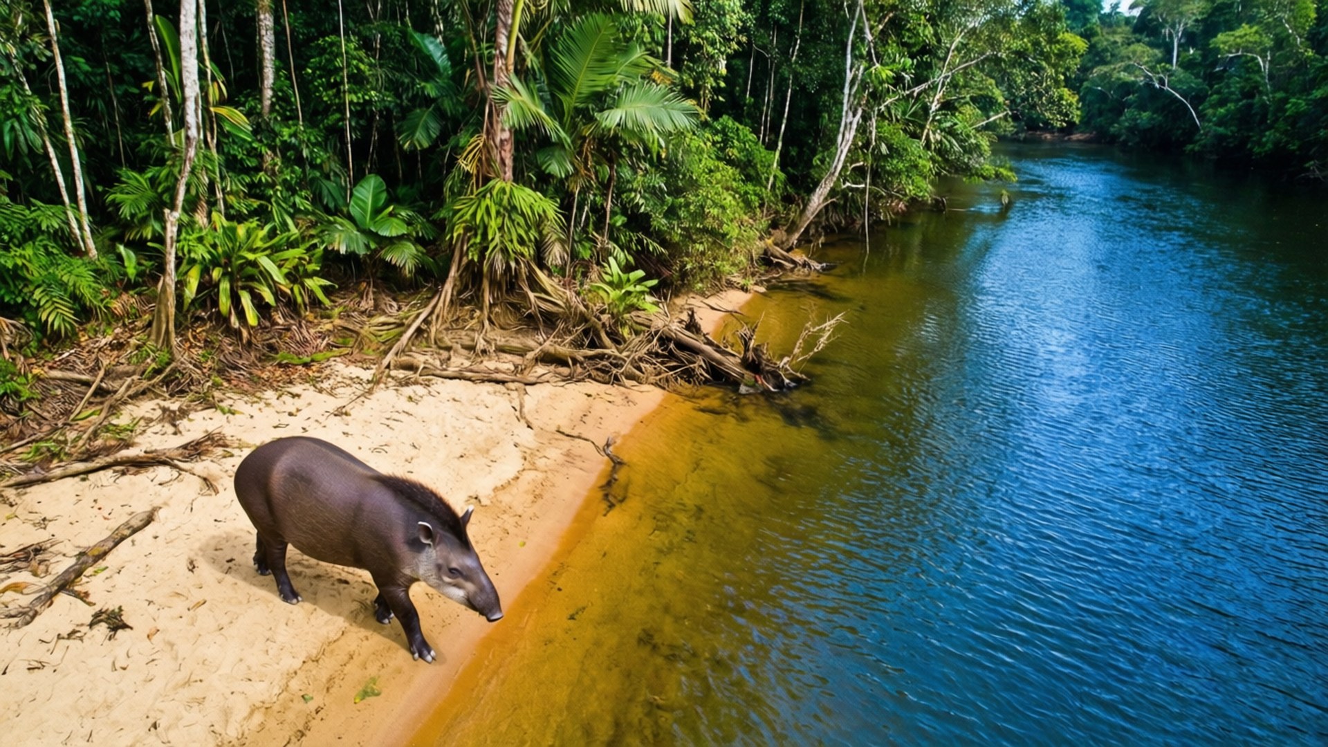 Tapir, riverbank, vibrant blue river, Full HD Desktop Wallpaper