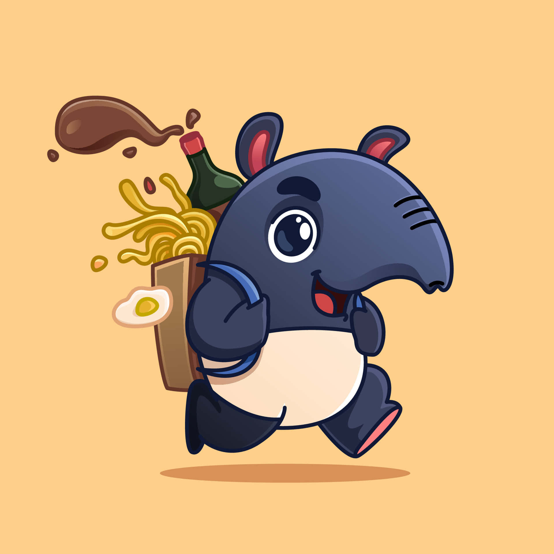cartoon tapir, overflowing takeout box, noodles, Full HD Desktop Wallpaper