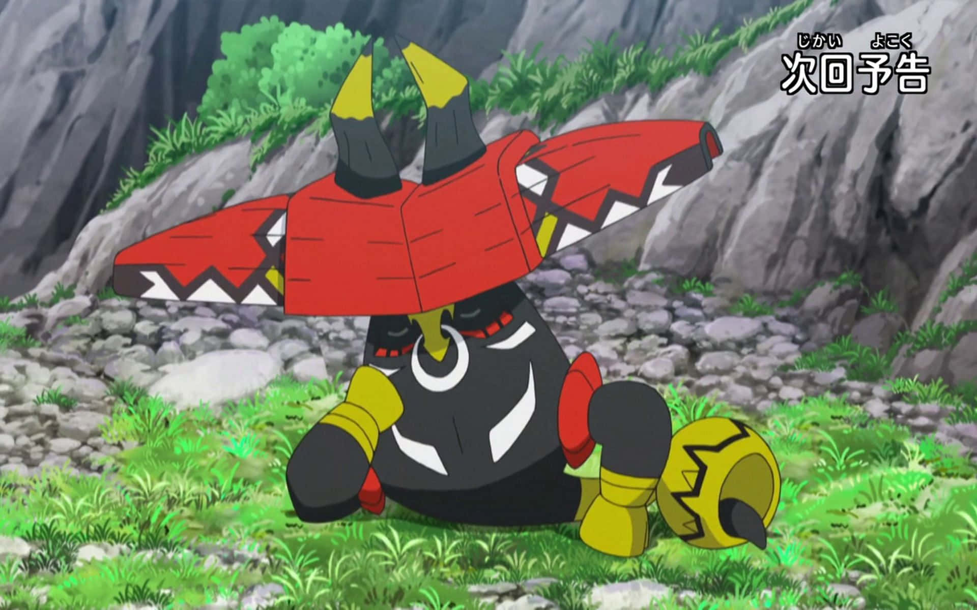 Tapu Bulu, red and black armored, yellow horns, Full HD Desktop Wallpaper
