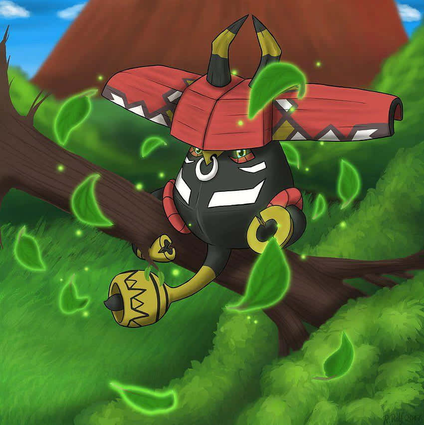Tapu Bulu, black and red creature, glowing green leaves, SD Phone Wallpaper