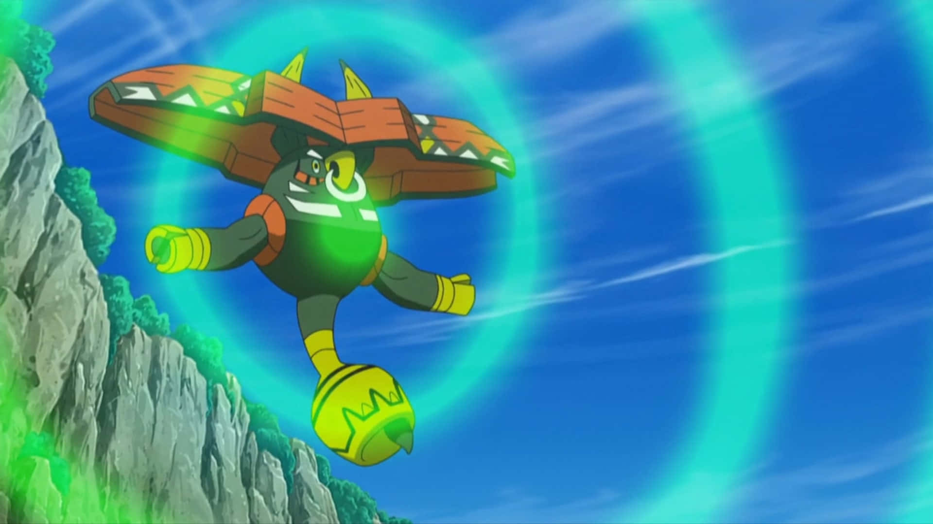 Tapu Bulu, green energy circles, green and orange anime creature, Full HD Desktop Wallpaper